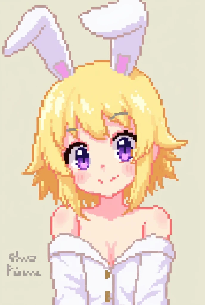 Pixel style poster of a  girl, round and long purple eyes, unbuttoned shirt, blonde hair, white bunny ears, oval face.