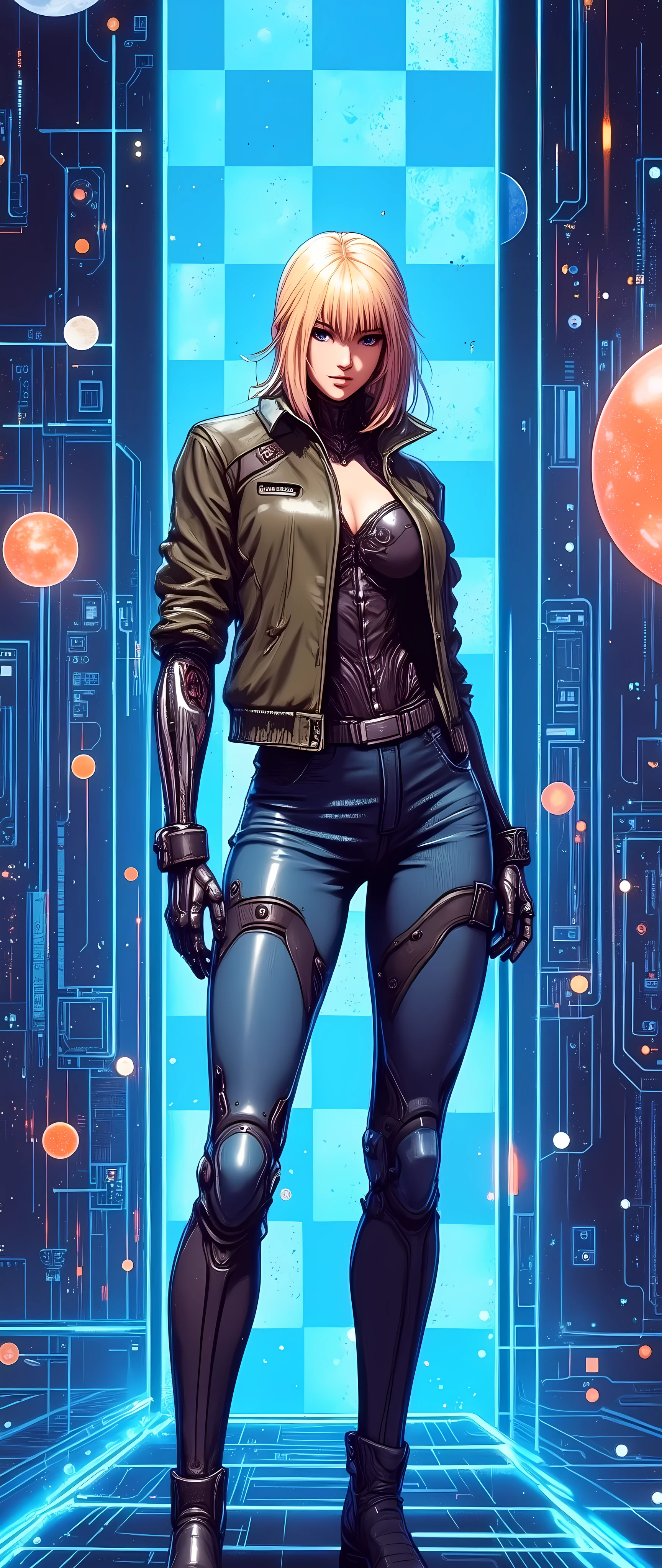 (masterpiece:1.2),( best quality),(Super detailed),(  super high definition ),(  Best Illustration ),8k, wallpaper,  Beautiful Female Cyborg,whole body,Vector art,Layered Textures  ,progressive,SF,  Cyberpunk  ,jeans, military jacket, boots,( The background is a blue hologram with a large blue check pattern),(Neon colored planetary groups in the background:2.0)