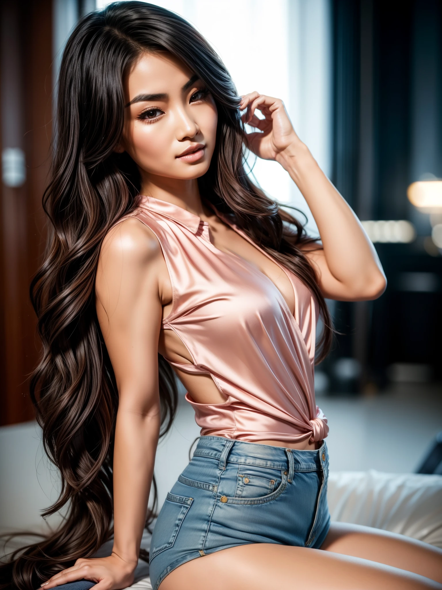 sexy asian woman, long wavy hair, high arched eyebrows, seductive look, light pink low-cut silk blouse, denim fitted hotpants, stilettos, midnight modern metropolis, spot lighting, backlight on hair, shallow depth of field, bokeh,