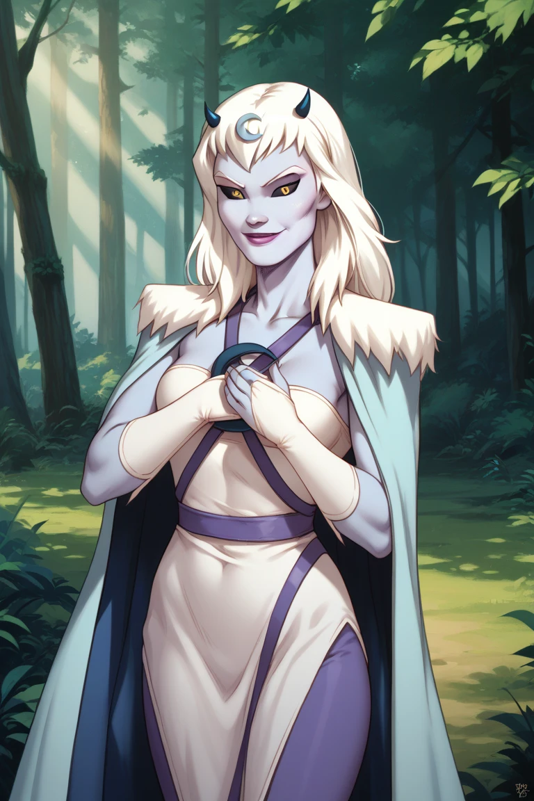 score_9, score_8_up, score_7_up, score_6_up, score_5_up, score_4_up, a girl in the frozen forest, smile, chilla, thundercats,  colored skin, cape, white hair, long hair, solo, cape covering body, black sclera, yellow eyes, from behind, look behind, score_9, source_anime, High Resolution, Detail, Masterpiece, 