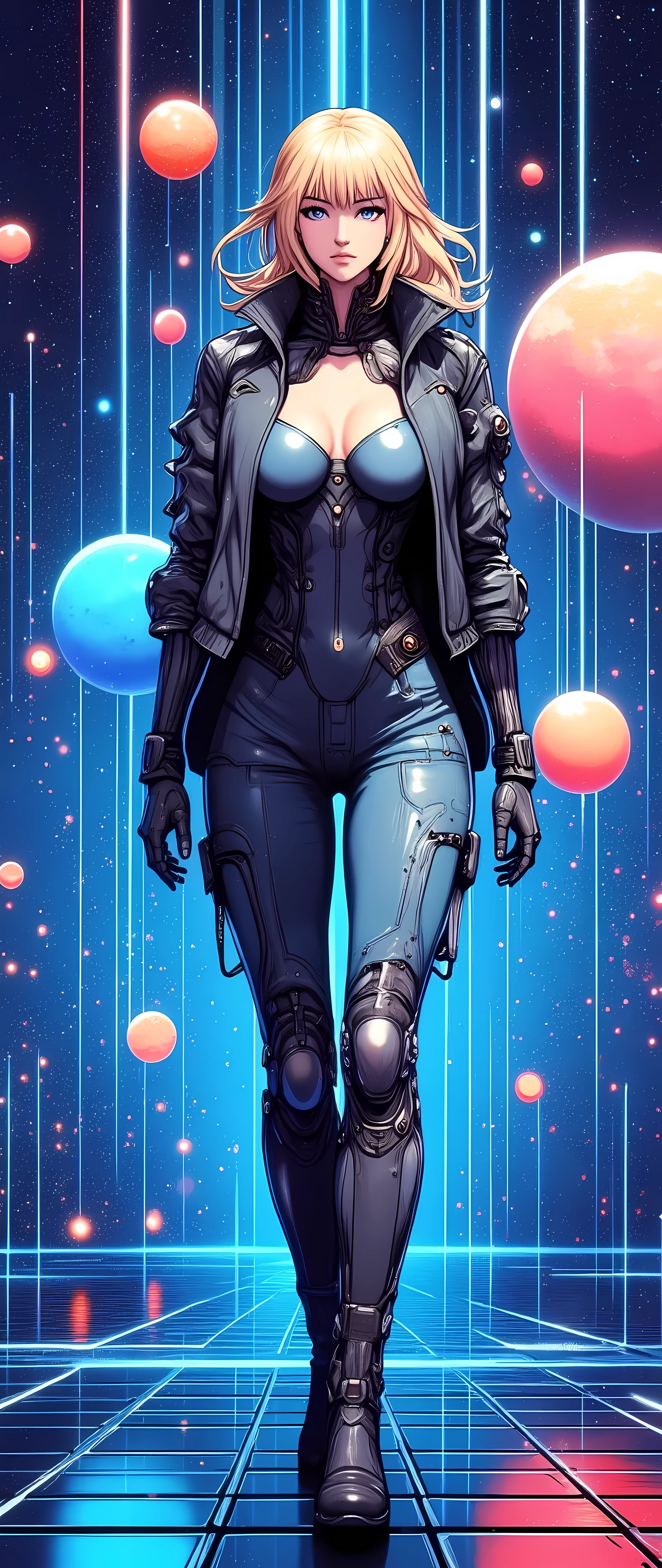 (masterpiece:1.2),( best quality),(Super detailed),(  super high definition ),(  Best Illustration ),8k, wallpaper,  Beautiful Female Cyborg,whole body,Vector art,Layered Textures  ,progressive,SF,  Cyberpunk  ,jeans, military jacket, boots,( The background is a blue hologram with a large blue check pattern),(Neon colored planetary groups in the background:2.0)