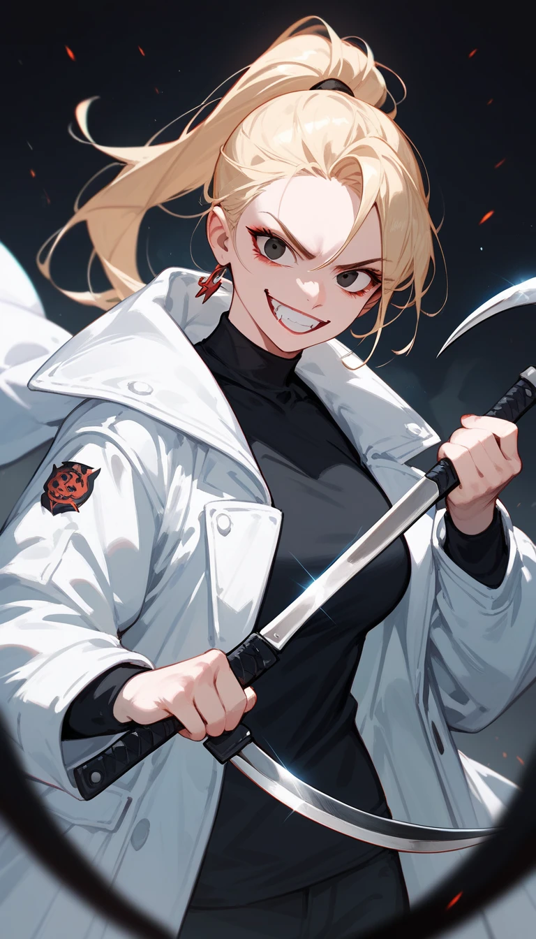  sister model , light yellow, ponytail, in black eyes,White coat, black undershirt,Fierce face,smile,Holding a black giant sickle,Demonic Aura