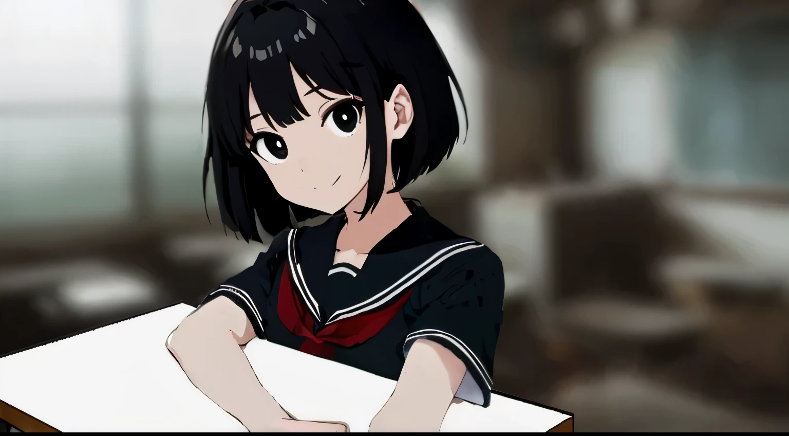 Black bob cut, black eyes, black sailor suit