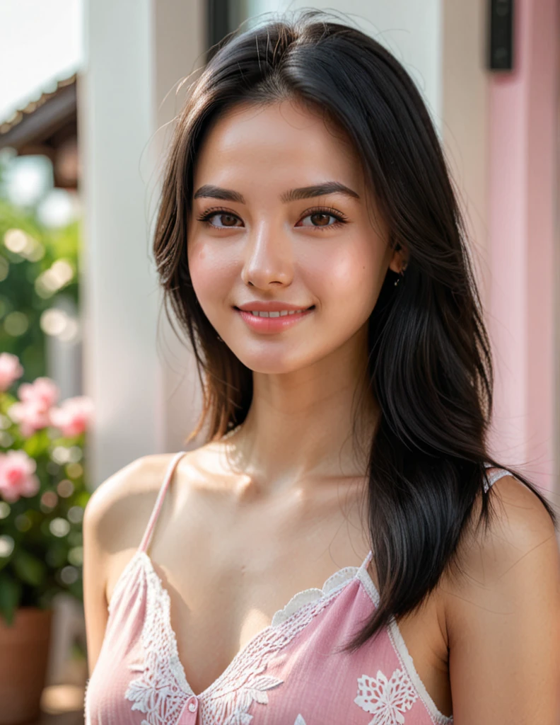 high detail portrait, (photorealistic), 1girl, (best quality, super detail), beautiful face, gentle smile, black hair, long hair, smooth skin, white skin, pink sundress, cozy atmosphere, high key lighting, sunlight, intricate detailed,  sharp focus, diffused light, HD, 8K