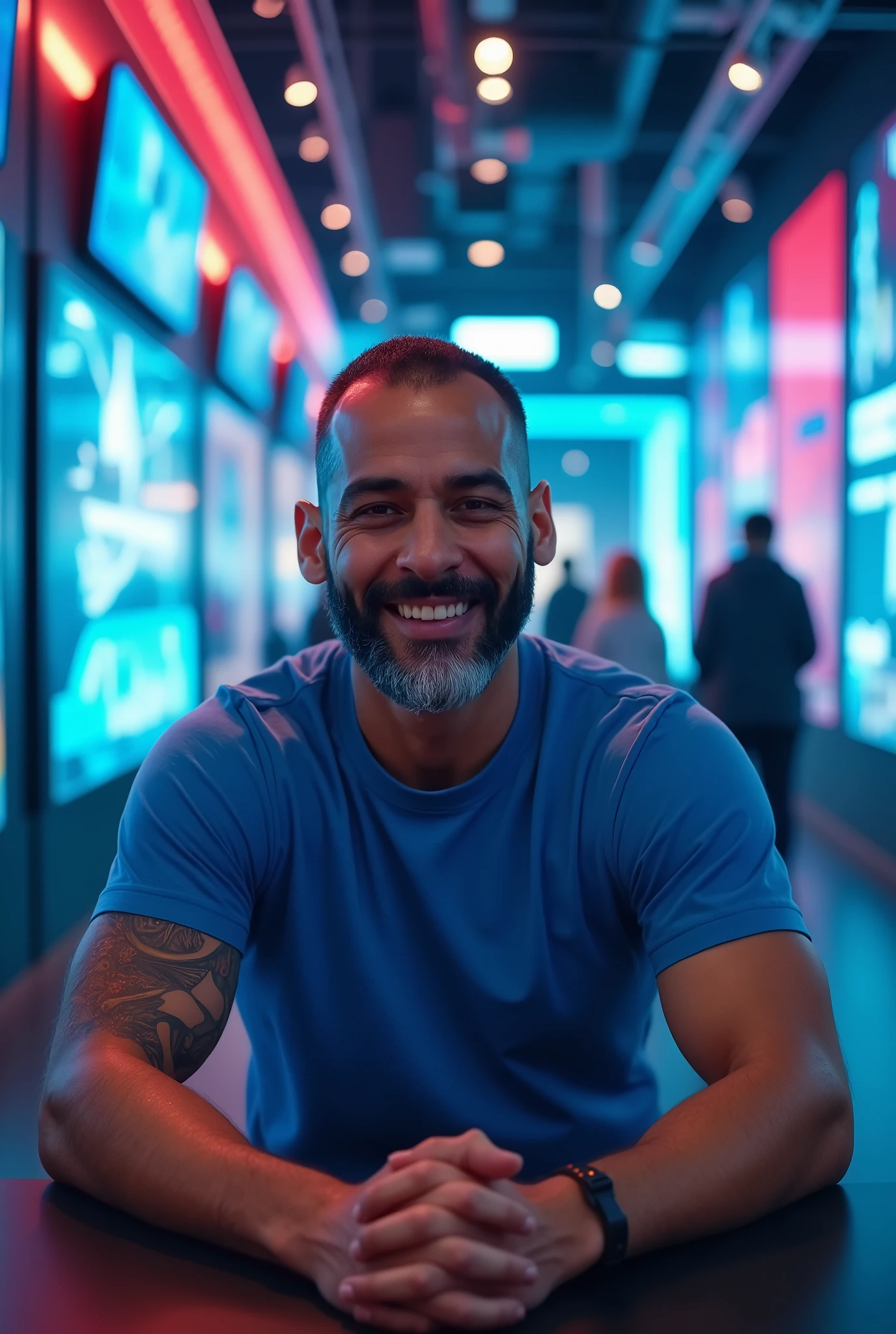 ACGN,Wide view,Close-Up(CU),Dramatic light,1️⃣ Photo of a smiling middle-eastern man with a beard, wearing a blue t-shirt, sitting at a gym table. He appears to be in his thirties and has short, neatly trimmed hair. He looks like an influencer, facing the camera directly. There is weightlifting equipment visible behind him. The image was shot on a Canon EOS R6 Mark II.  --q 2 --s 750  --v 6.0 --ar 1:1  --zoom 1.8
A futuristic indoor scene in a Cyber World, showcasing a vibrant Graphics Museum filled with interactive digital art and holograms, sleek architecture with neon lights, and diverse visitors exploring the exhibits, high detail, colorful, dynamic lighting, cyberpunk aesthetic,masterpiece,best quality,ultra detailed,8k portrait,unity 8k wallpaper,super fine illustration,very detailed background,highly detailed background