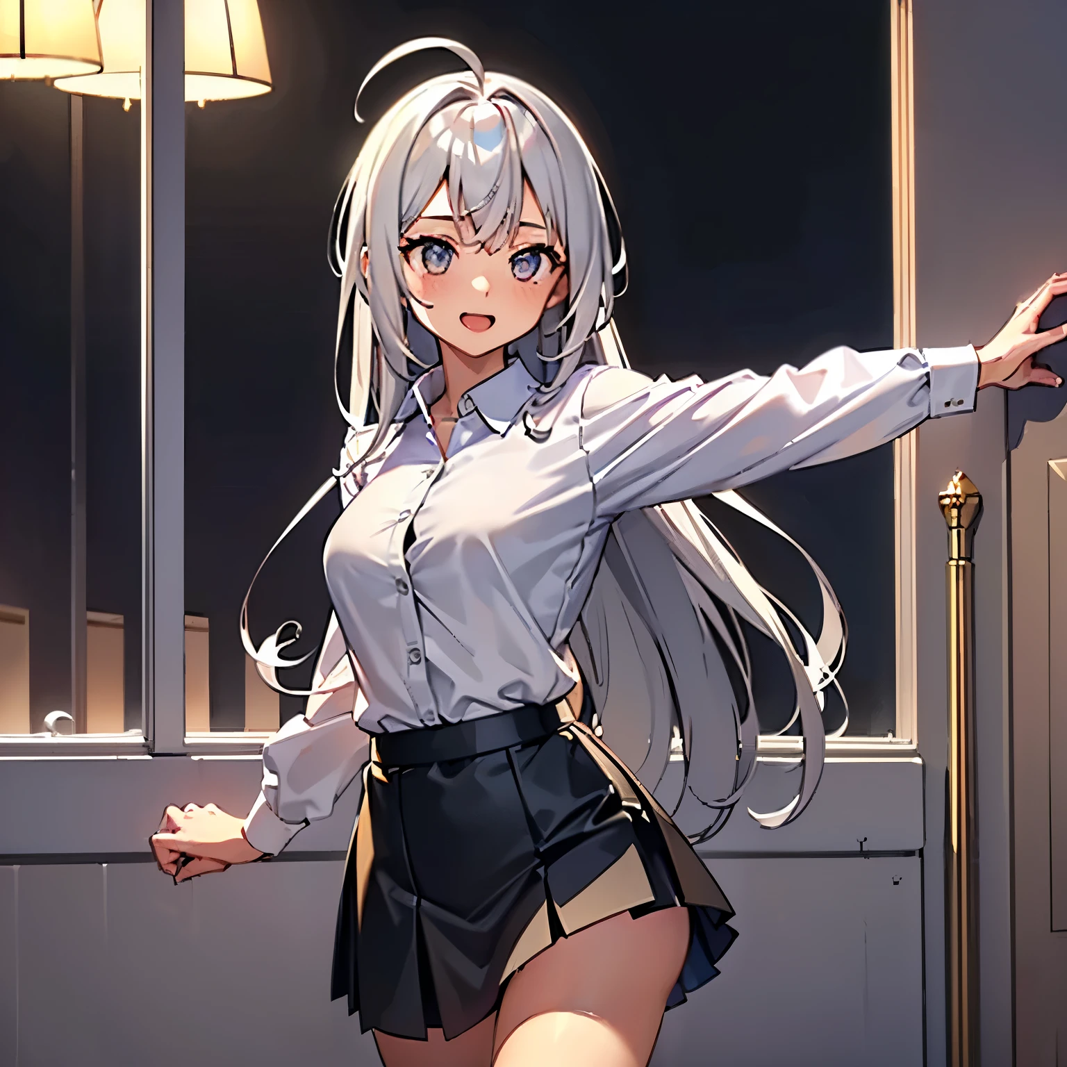 ((masterpiece,  best quality)), ( 1 girl), (Alone), ( for women), (Ahoge, Gray Hair,  very long hair),  golden eyes, Clear Smile】,  open your mouth , (( white shirt), ( buttoned shirt), (Gap Button)), ((  black skirt ), ( short skirt)),  standing , White background, Arms on back,  dynamic angle 