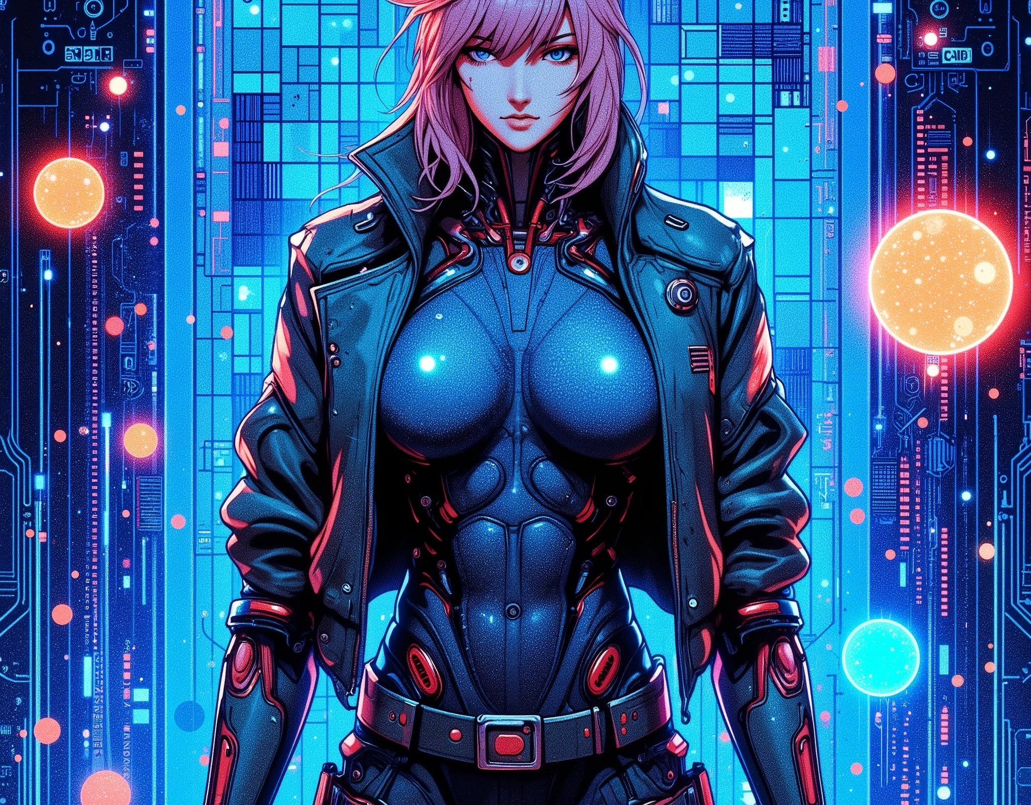 (masterpiece:1.2),( best quality),(Super detailed),(  super high definition ),(  Best Illustration ),8k, wallpaper,  Beautiful Female Cyborg,Upper body close-up,Vector art,Layered Textures  ,progressive,SF,  Cyberpunk  ,jeans, military jacket, boots,( The background is a blue hologram with a large blue check pattern),(Neon colored planetary groups in the background:2.0)