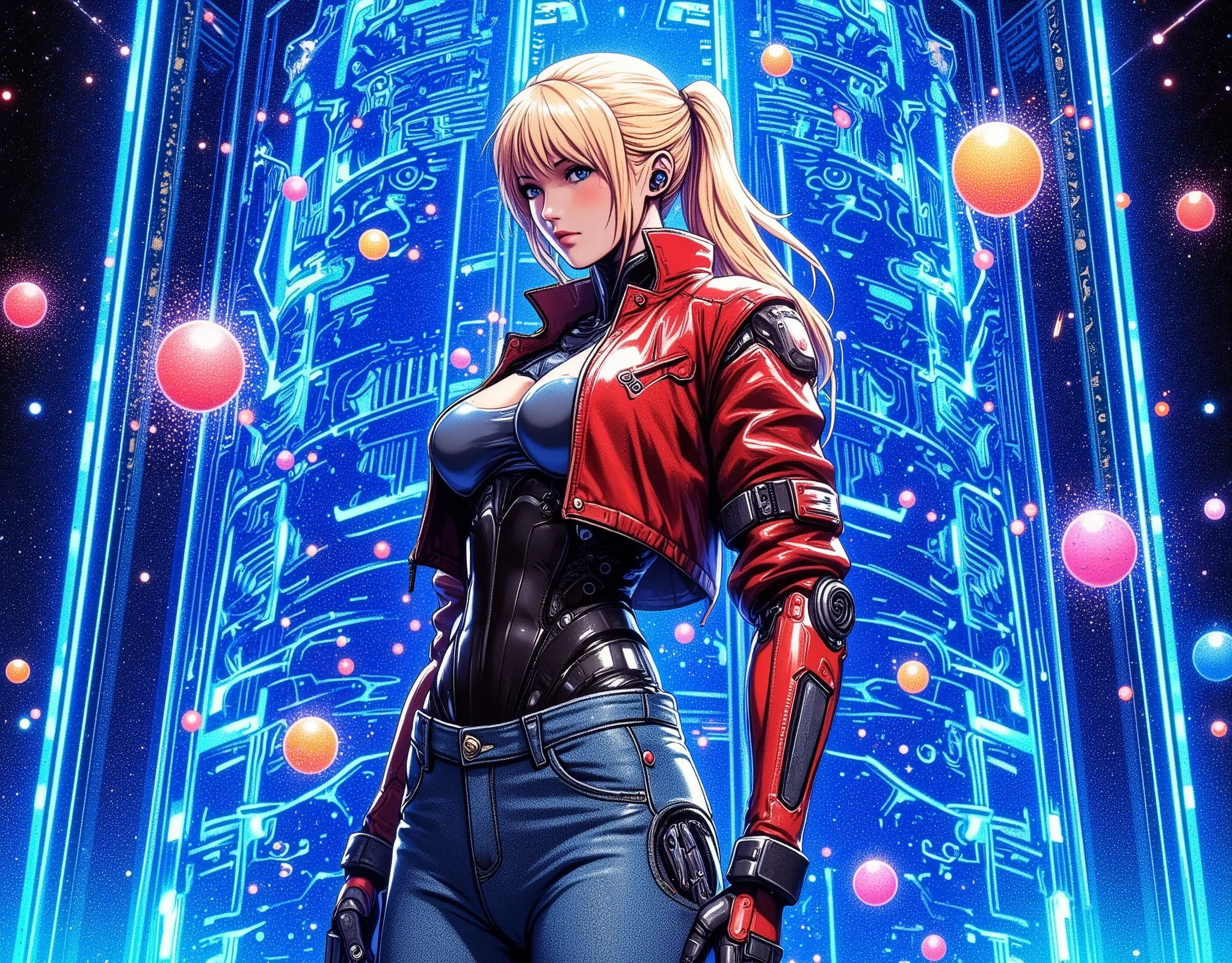 (masterpiece:1.2),( best quality),(Super detailed),(  super high definition ),(  Best Illustration ),8k, wallpaper,  Beautiful Female Cyborg,Upper body close-up,Vector art,Layered Textures  ,progressive,SF,  Cyberpunk  ,jeans, military jacket, boots,( The background is a blue hologram with a large blue check pattern),(Neon colored planetary groups in the background:2.0)