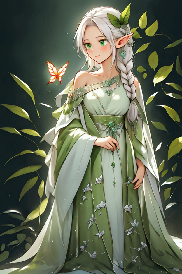 "An ethereal fantasy character with long, flowing white hair adorned with green accents, including leaves woven into a single side braid. The character has a soft, serene expression, vibrant green eyes, and slightly pointed elf ears. The background is light, featuring soft glowing particles and faint silhouettes of butterflies, evoking a magical, nature-inspired theme. The character wears a delicate white and green outfit, lightly adorned with ribbons and leaf motifs, exuding elegance and purity. The scene is illuminated by soft natural light, creating a dreamy and enchanting atmosphere."