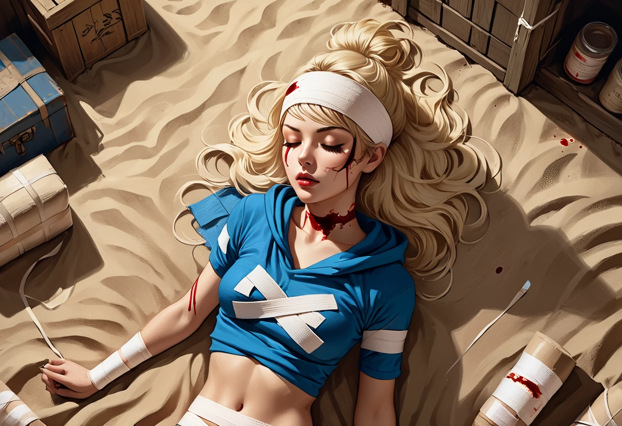 zombie girl with rotted skin, long blonde hair and red eyes, slightly transparent white top, waist-high denim shorts, (dirty and torn clothes:1.4), crawls on the beach, (detailed skin texture, realistic skin pores:1.0), 24k resolution, highly detailed, (natural front light:0.5), strong colors, (full body shot:1.5), (realistic style:1.5)