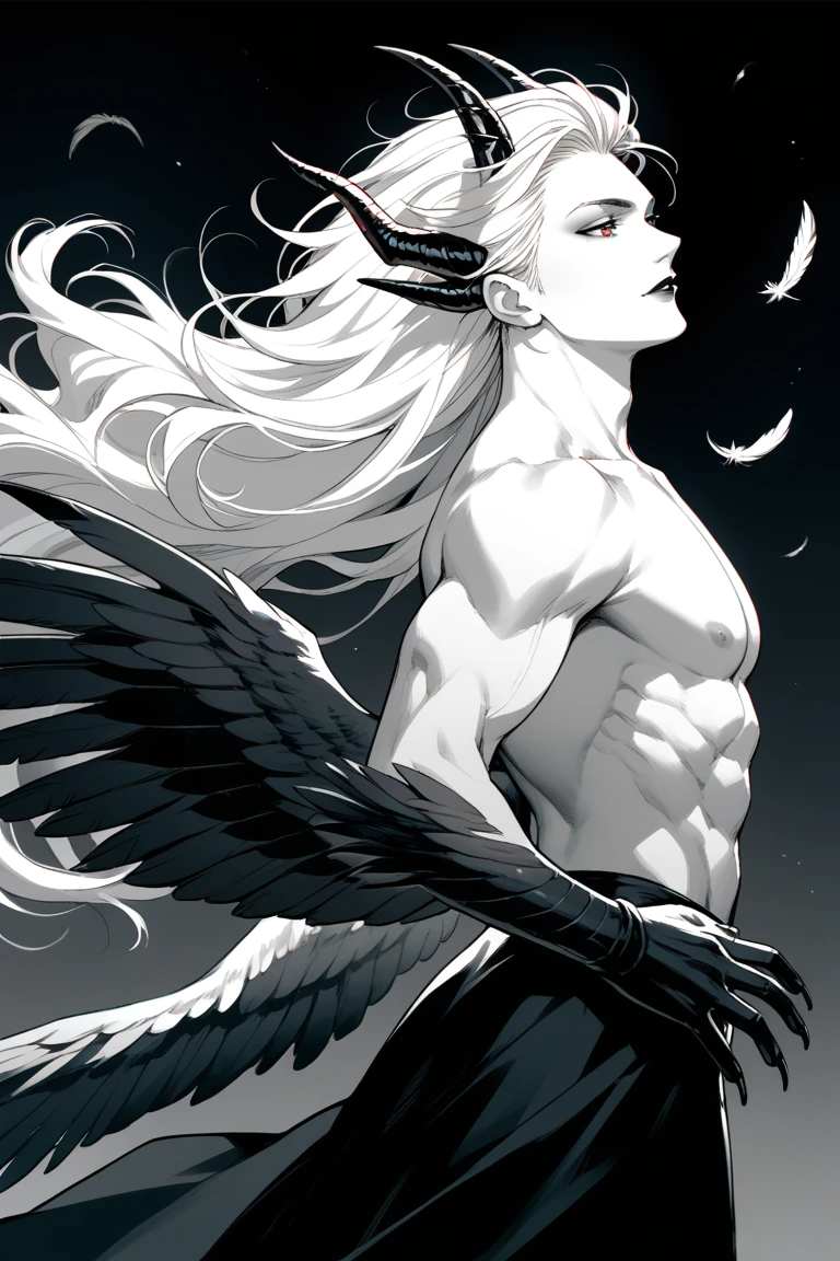 score_9,score_8_up,score_7_up, 1man, looking off into the distance, red eyes small black horns, black claws, black hands, sci-fi fantasy, shirtless, white skin, black feathered wings, multiple wings, long hair, floating hair, white hair,  half closed eyes, black lipstick, makeup, lips, chiseled jaw line, big muscles, manly, 90s anime, retro, dated, chaotic, feathers, dark background, monochrome, wide hips, side view, posing elegant, chaotic background,  