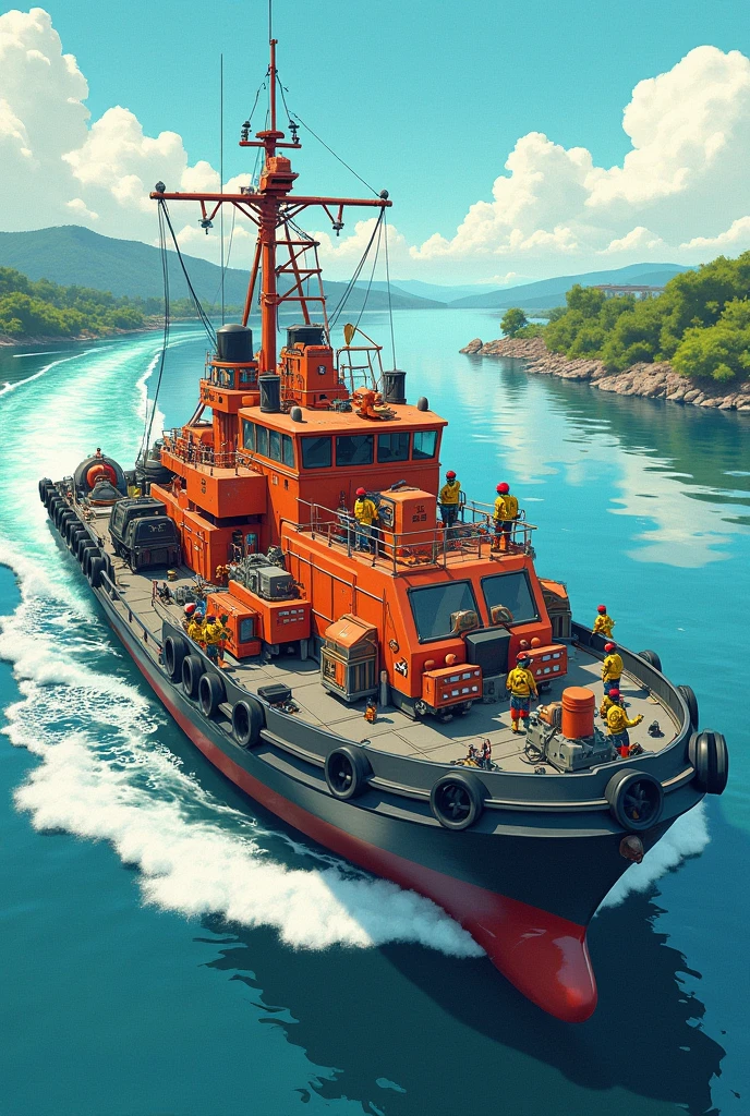 Draw me a multi-purpose workboat from the Technical Relief Organization in comic style.