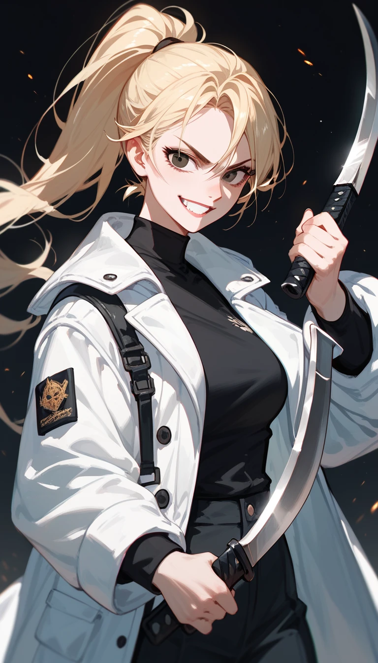  sister model , light yellow, ponytail, in black eyes,White coat, black undershirt,Fierce face,smile,Holding a black giant sickle,