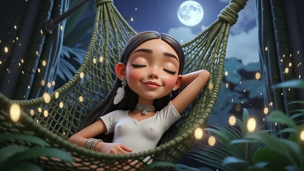 Inspired by a high-resolution, high-quality 3D film by Disney Pixar, create the image of a  Brazilian Indian girl with straight, shiny black hair. the waist light brown skin wearing a tight and basic white t-shirt without any print shaping her beautiful body lying in a hammock with her eyes closed sleeping in a rustic hammock on a porch in the middle of the Amazon rainforest surrounded by trees and plants of the region with the moonlight and the stars illuminating the environment she wears in her ear a colorful feather as an earring and carries on her face a slight smile of peace