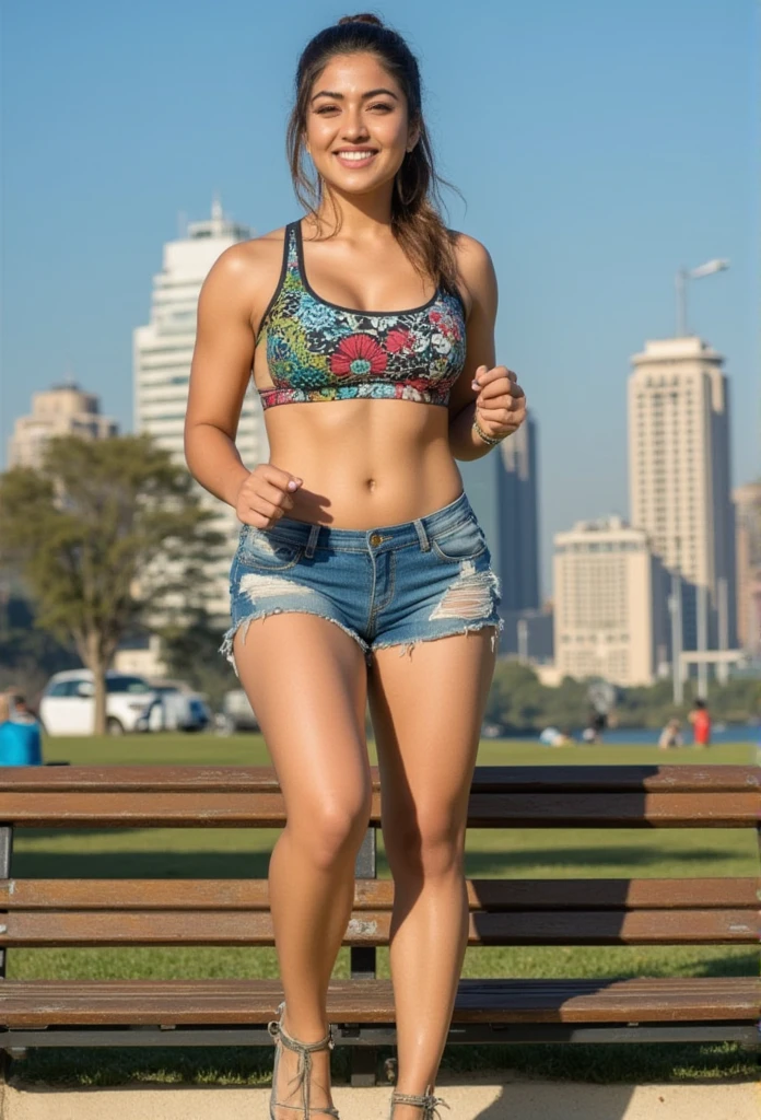 A fit, curvy, and beautiful female Indian athlete performs explosive step-ups on a park bench, with a vibrant city skyline in the background. She wears decorated running denim torn shorts with side-cut, showcasing her athletic form. The camera captures her powerful movements as she steps up and down, highlighting her strength and agility. The focus is on the intensity of each step, with sweat glistening under the sun, emphasizing her effort and determination. The scene is well-lit, highlighting her physique and the dynamic nature of her workout,(((massive thick thighs))), (((thick voluptuous thighs))),(((massive thick thighs))), (((thick voluptuous thighs)))