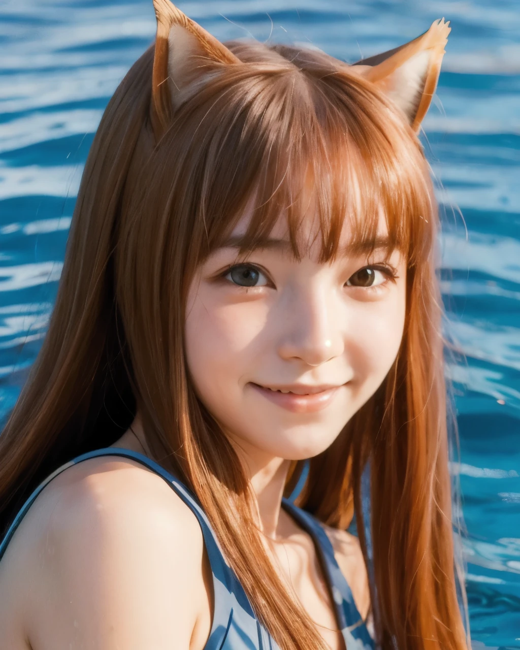 Horo girl with ears and tail smiles and swims with a dolphin