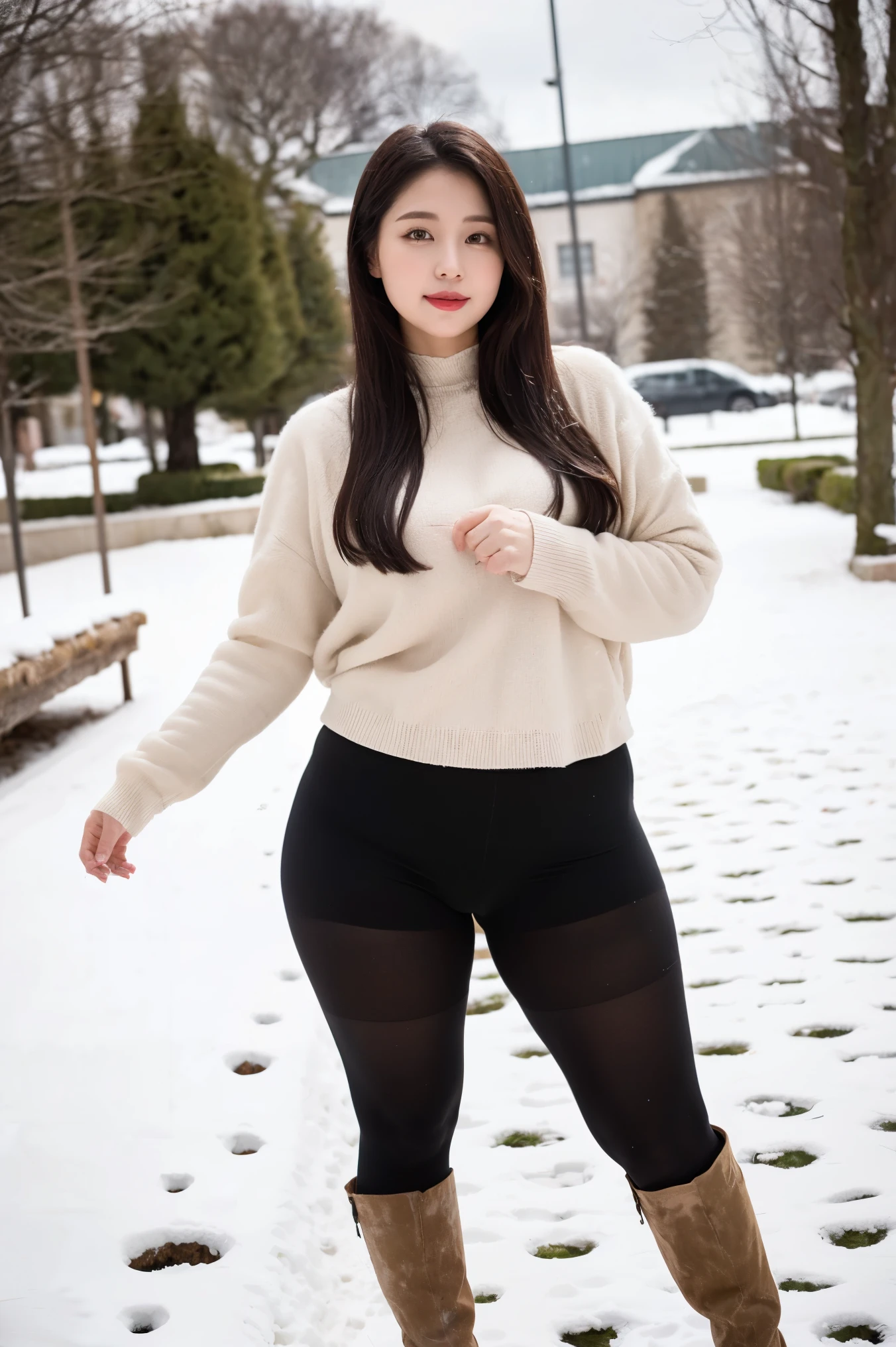 Super-detailed, 8k, Korean girl, 1 girl, 25 years old, long delicate dark hair, beautiful and perfect figure, busty body, curvy body, beautiful face, detailed face ,detailed eyes, double eyelids, large breast, slight smile, black sweater and short pants, black high thigh fishnet stocking, black beanie, walking on a snow cover walkway