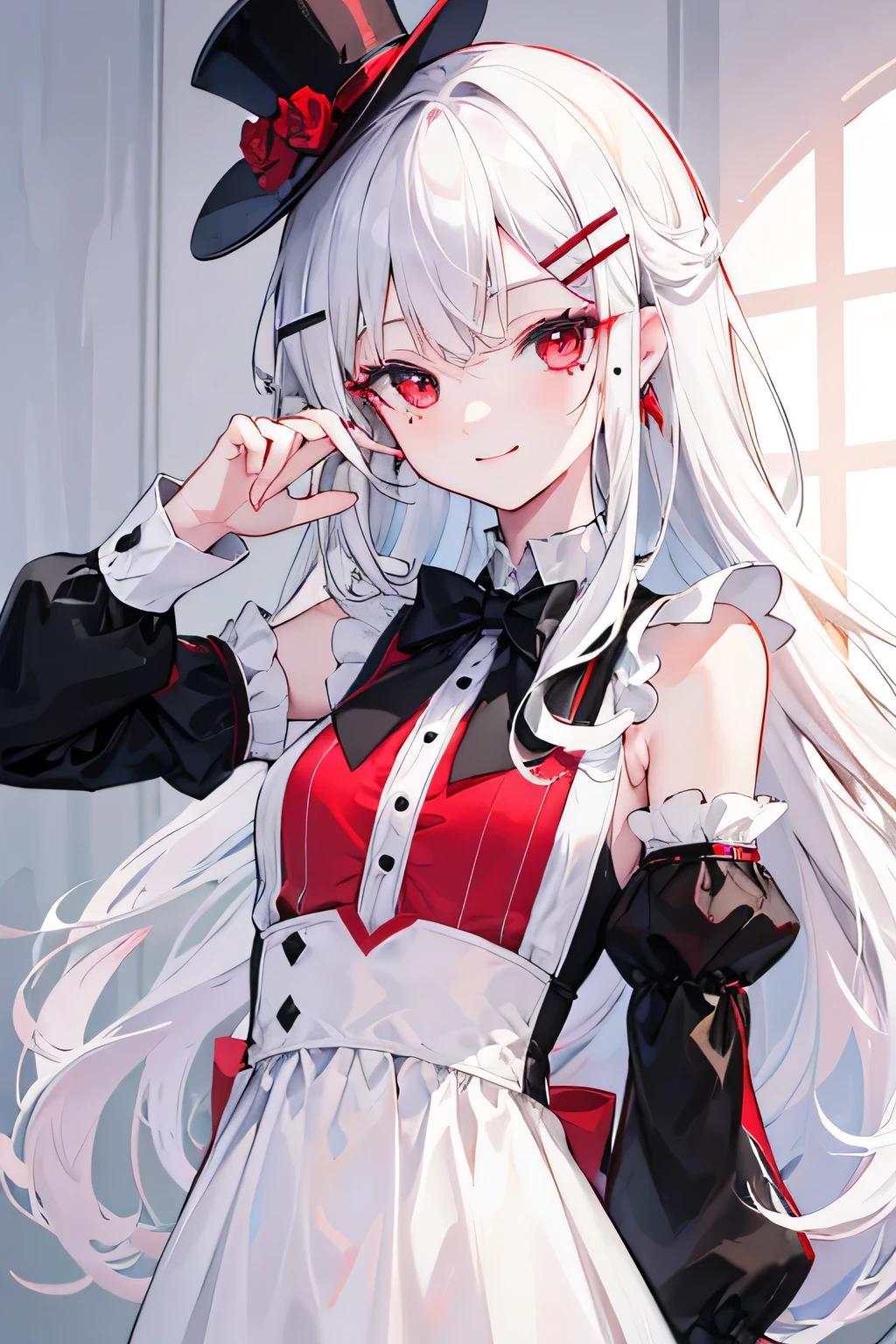 masterpiece, best quality, ultra-detailed, kawaii, cute, lovely, sexy, ero, extremely detailed, 4K, 8K, best quality, beautiful, a cute girl, angel, beautiful white hair, beautiful red eyes, beautiful eyes, white-skinned, blush,twintails,red ribbon,white blouse,Red vest,white skirt,