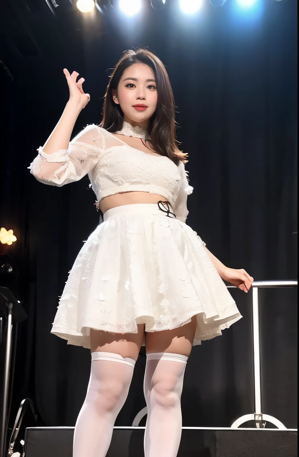 (1girl:1.1), cute, 13 years old, looks pure, 4k, RAW photo, (photo realistic:1.37), ultra high res, best quality, small round face, big eyes, extremely detailed face, extremely detailed eyes, slender, slender legs, slim legs, wearing thigh-high socks, blush, bangs, dynamic pose, natural makeup, BREAK (adorable top idol:1.6), (idol costume:1.5), (frilled and lace-adorned ensemble:1.5), (effortlessly chic hairstyle:1.4), (vibrant colors and dynamic moves:1.5), (unforgettable music journey:1.4), (heartwarming connections:1.4), (inspirational role model:1.5), (radiant star power:1.4), (captivating aura of stardom:1.4),