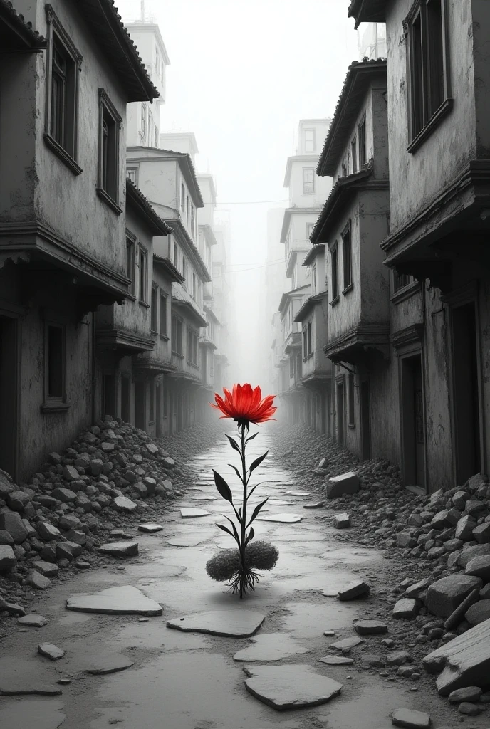 Create a street that goes backwards with broken houses on the sides and in the middle of the street is a small red flower and the rest is black and white