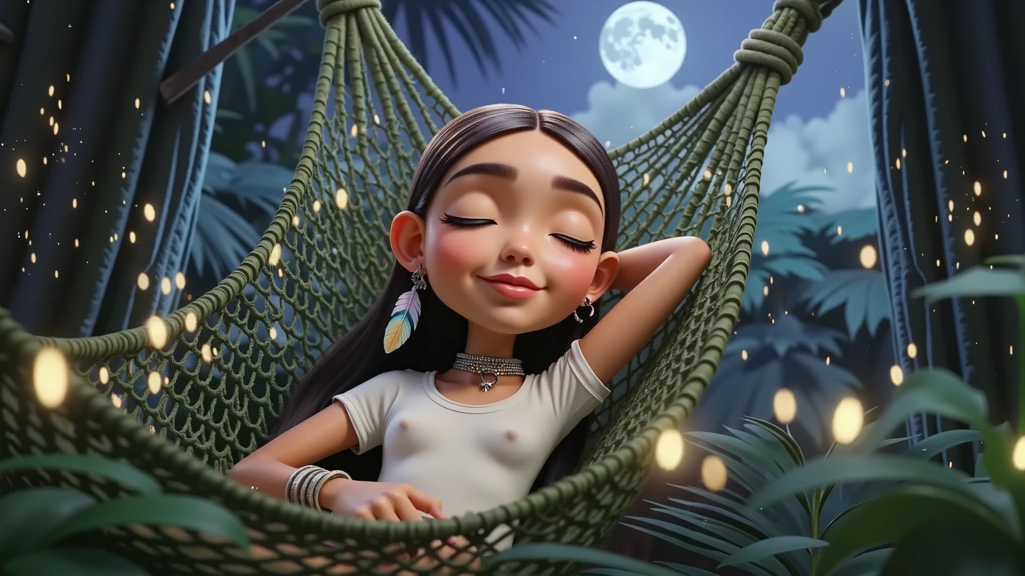 Inspired by a high-resolution, high-quality 3D film by Disney Pixar, create the image of a  Brazilian Indian girl with straight, shiny black hair. the waist light brown skin wearing a tight and basic white t-shirt without any print shaping her beautiful body lying in a hammock with her eyes closed sleeping in a rustic hammock on a porch in the middle of the Amazon rainforest surrounded by trees and plants of the region with the moonlight and the stars illuminating the environment she wears in her ear a colorful feather as an earring and carries on her face a slight smile of peace