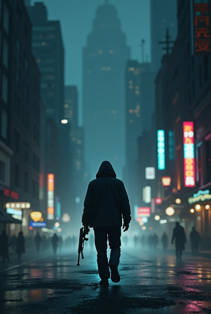 In the heart of a battered and bleak cityscape, a lone figure stands amidst the chaos. The once-vibrant city is now painted in hues of red and gray, the remnants of shattered buildings casting long shadows across the desolate streets. The figure, dressed in tattered clothes, looks out at the devastation with a determined expression. Their face, etched with lines of exhaustion and resilience, is illuminated by the faint glow of a nearby streetlight. Blood stains their clothes and hands, a stark testament to the brutality they've endured. Despite the grim surroundings, there's a sense of strength and defiance in their posture, a