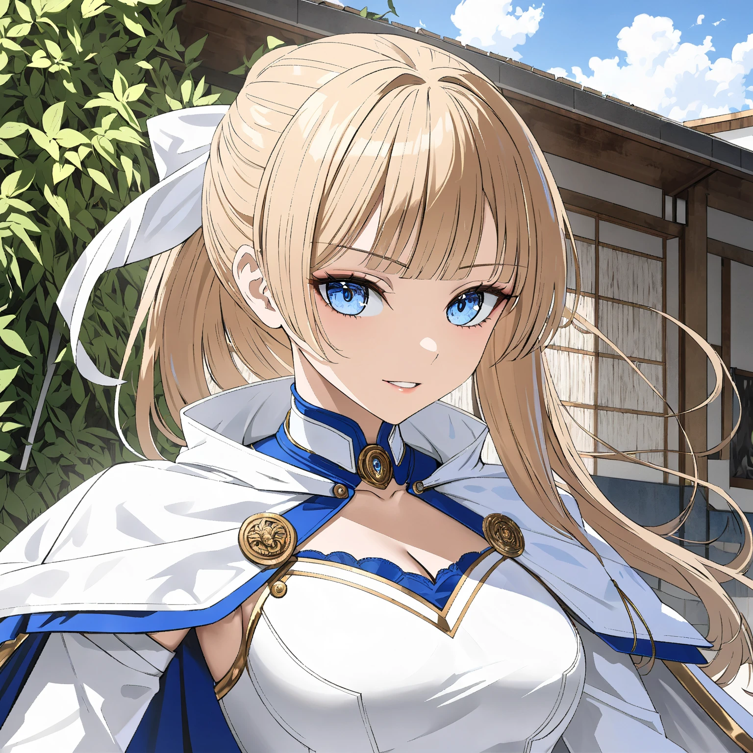 (woman solo),realistic contoured face,masterpiece,top-quality,blonde hair, ponytail,blue eyes,sharp bangs,つり目,(cleavage),detachable collar,cloak with a stand-up collar,collarbone,bare skin,Collared Neckwear,medium bust,(knight),knight corset,knight belt,(cape),coat,arm sleeves,white gloves,(Perfect anatomy),cowboy_shot,8k ultra hd,