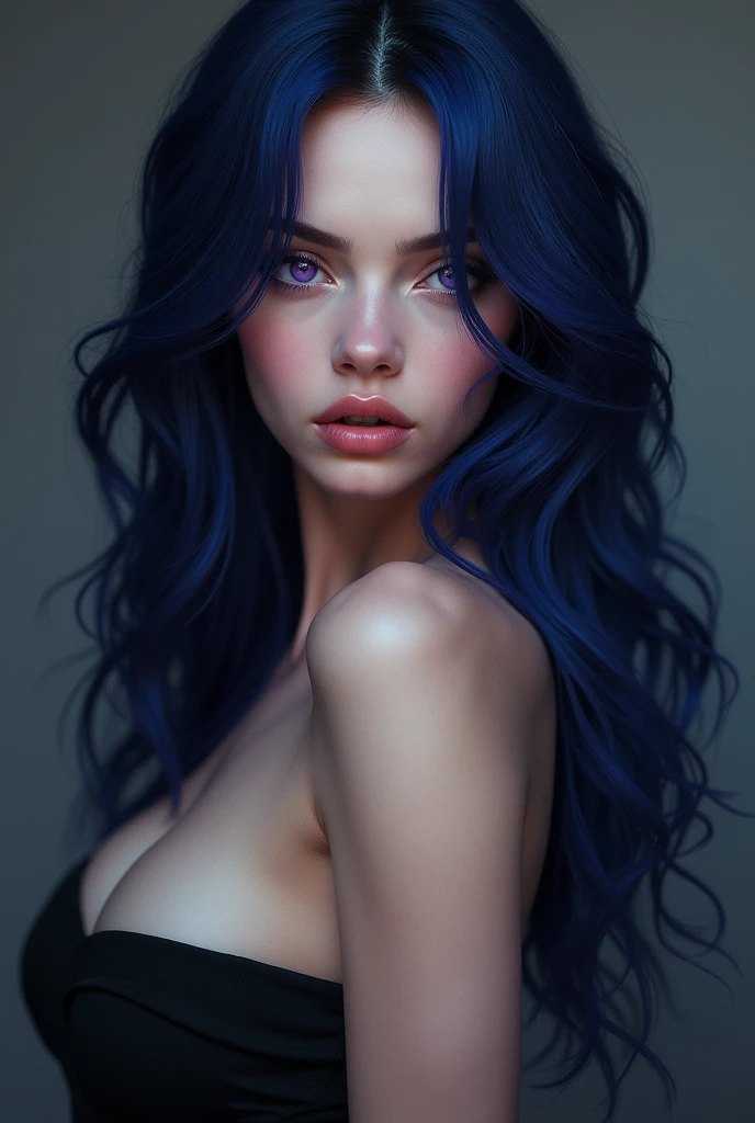 masterpiece), 1girl, solo, mature, sexy, highly detailed face and eyes, professional makeup, sleeveless cropped top, skirt, blue-black dual tone long hair, glowing blue eyes