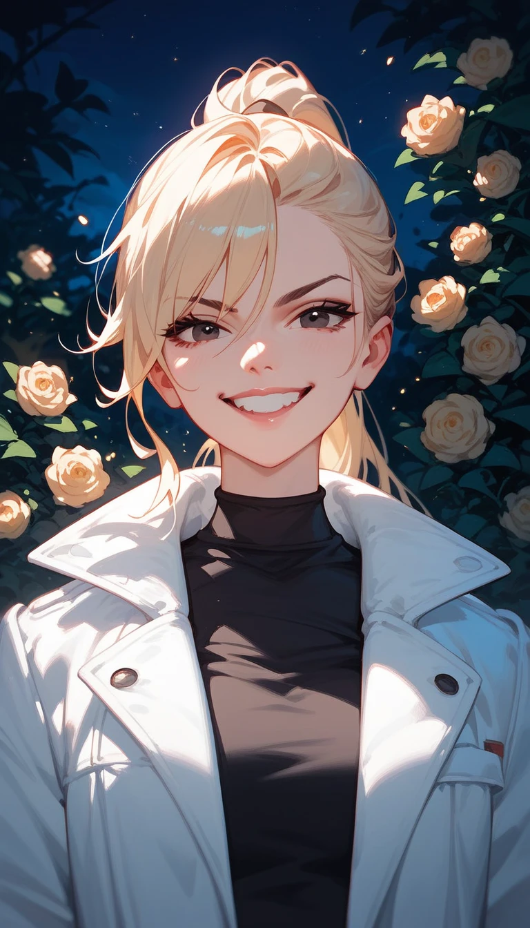  sister model , light yellow, ponytail, in black eyes,White coat, black undershirt,Fierce face,smile,In the garden at night ,, the atmosphere is frightening, pressing