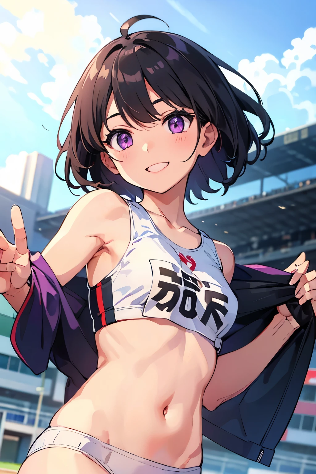 nsfw, Olympic, kochou shinobu, Full-body ultra-realistic 8K CG，masterpiece，Angle from the auditorium,Running at full speed,  Underboob, Look at the goal, （（Highly detailed background，Delicate pattern，Intricate details）），The best quality in the best condition，とてもとてもとても詳細なface，(((Stadium, Arena))),, (((Serious expression, Sweat))), , , Highly detailed eyesとface，Highly detailed eyes，kochou shinobu，Multicolored Hair，No bangs，Hair Intake，Track and field uniforms, Purple eyes，Haori，butterfly，band，（熱band庭園：1.2），Purple Flower，mostly cloudy null，Light of the sun，Tyndall effect，slope_null，face，beautiful null，，Seductive posture，（Medium chest:1.3)，（Track and field costumes:1.6)