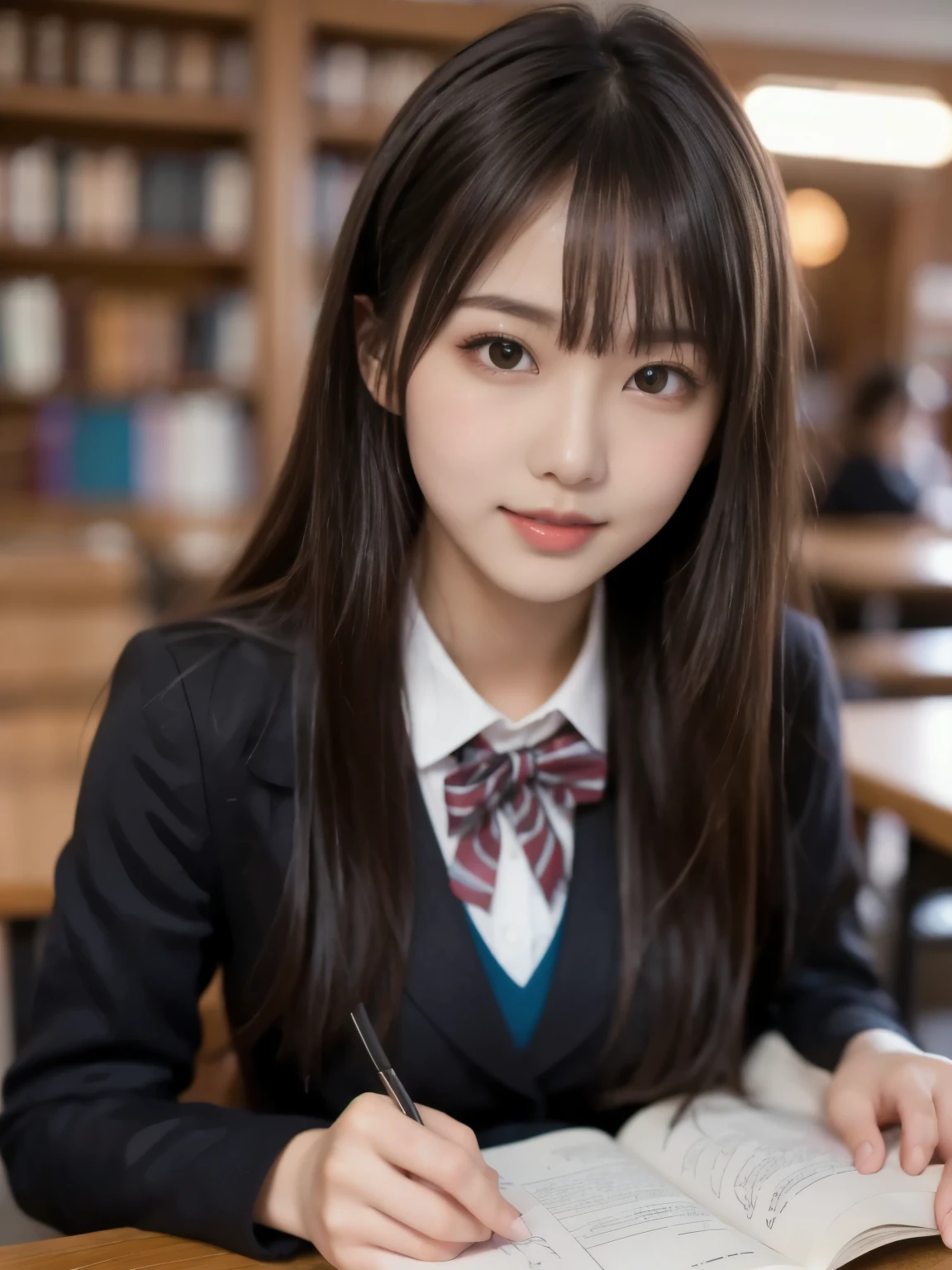 8k、 best quality、Ultra Wide Angle Monofocal Lens 、(Representative Works:1.2)、( real)、( real:1.37)、One high school girl、 reading a book、Thin eyebrows、 Libraries 、HDR、( high school uniform )、 perfect body 、Gravure photoshoot、Perfect Fingers、Beautiful Skin、 professional lighting、Face and skin detail、Microparticles、 RAW Photos