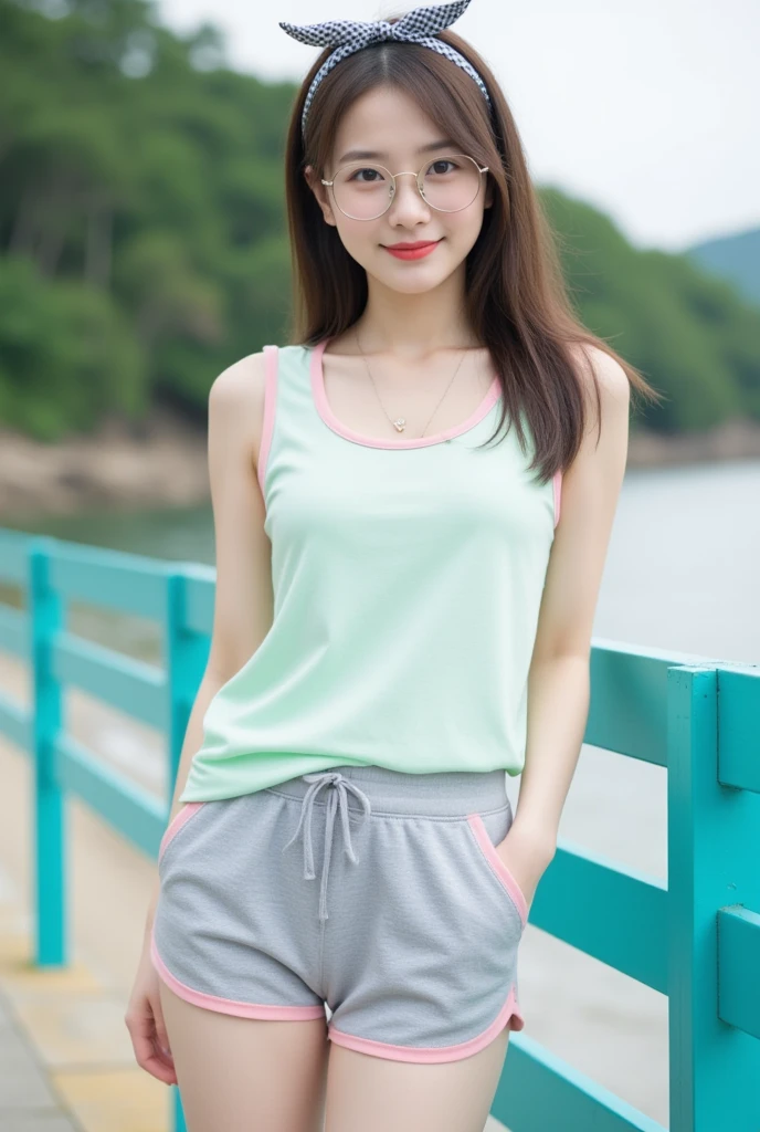 young girl, resembling the model in the provided image, with E cup size, wearing light clothing and shorts, standing in a park, bright and sunny day, greenery and trees around, casual and relaxed atmosphere, neat and fresh look, short hair, smiling brightly, in a lively and dynamic pose with legs spread, capturing an energetic moment, outdoors,She is not wearing underwear and her vagina is visible.