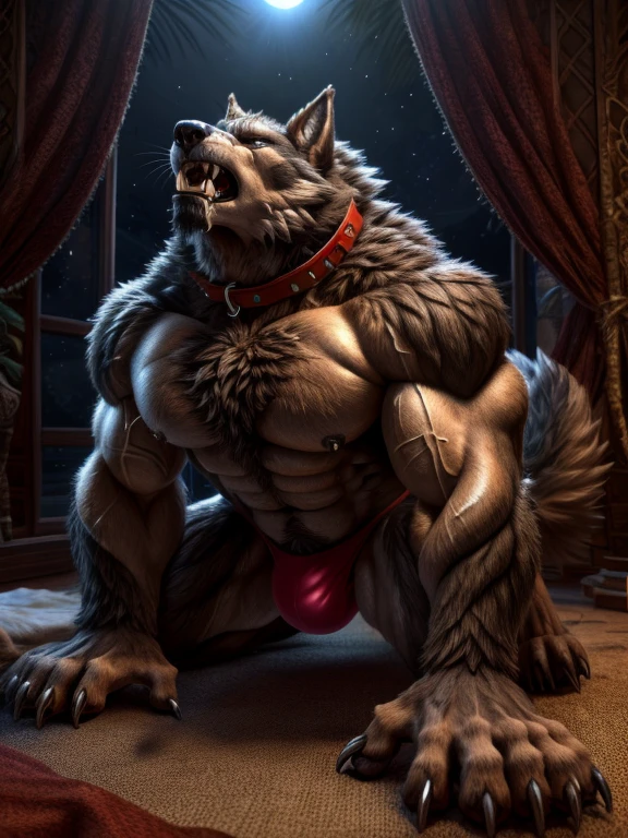 Werewolf， brown fur，Masculine charm  ，一个孤独的Werewolf ，Endocrine  ，  perfect eyes  ，wolf eye，(  palms into claws， painfully transform )，mid-term transformation，Thong ，collar， Muscular ，Big muscles ， hip bulge，bowed legs，Toe line  ，bedroom，(pain，facial pain， dramatic change )， 嚎叫然后look up，介于人类和Werewolf之间，(((land on all fours)))，Focused expression，side view，(chest bulge，Keep your chest up，look up)， Strong human pecs