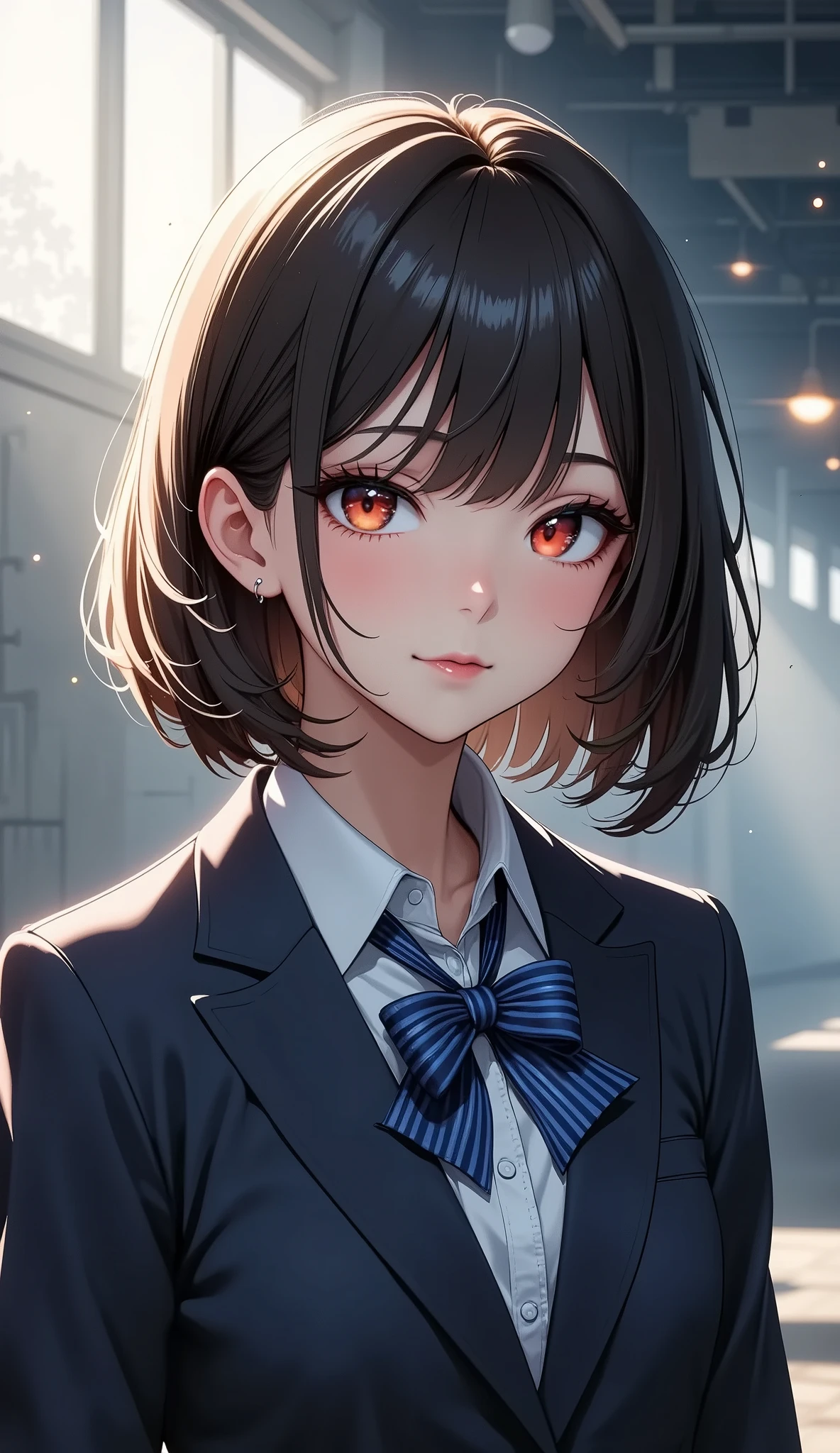 Anime girl with brown hair and blue bow tie in a room - SeaArt AI
