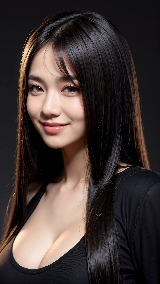 <lora:AAW-lisa:0.65>, (masterpiece, best quality, beautiful quality, photorealistic, detailed lighting, extremely detailed skin, extremely detailed hair, shadows, 8k, a picture of a woman, black hair, upper body, 1girl, smile, grin, squinting, teeth showing, looking at viewer, fcPortrait:1.2), <lora:add_detail:1>