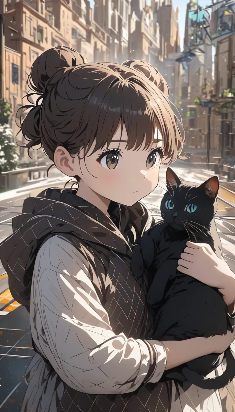 Geometry, Mathematical world, Best quality, Girl holding a black cat, Cute girl, Brown hair tied in a bun, Black cat, Natural look, Long shot, Natural light