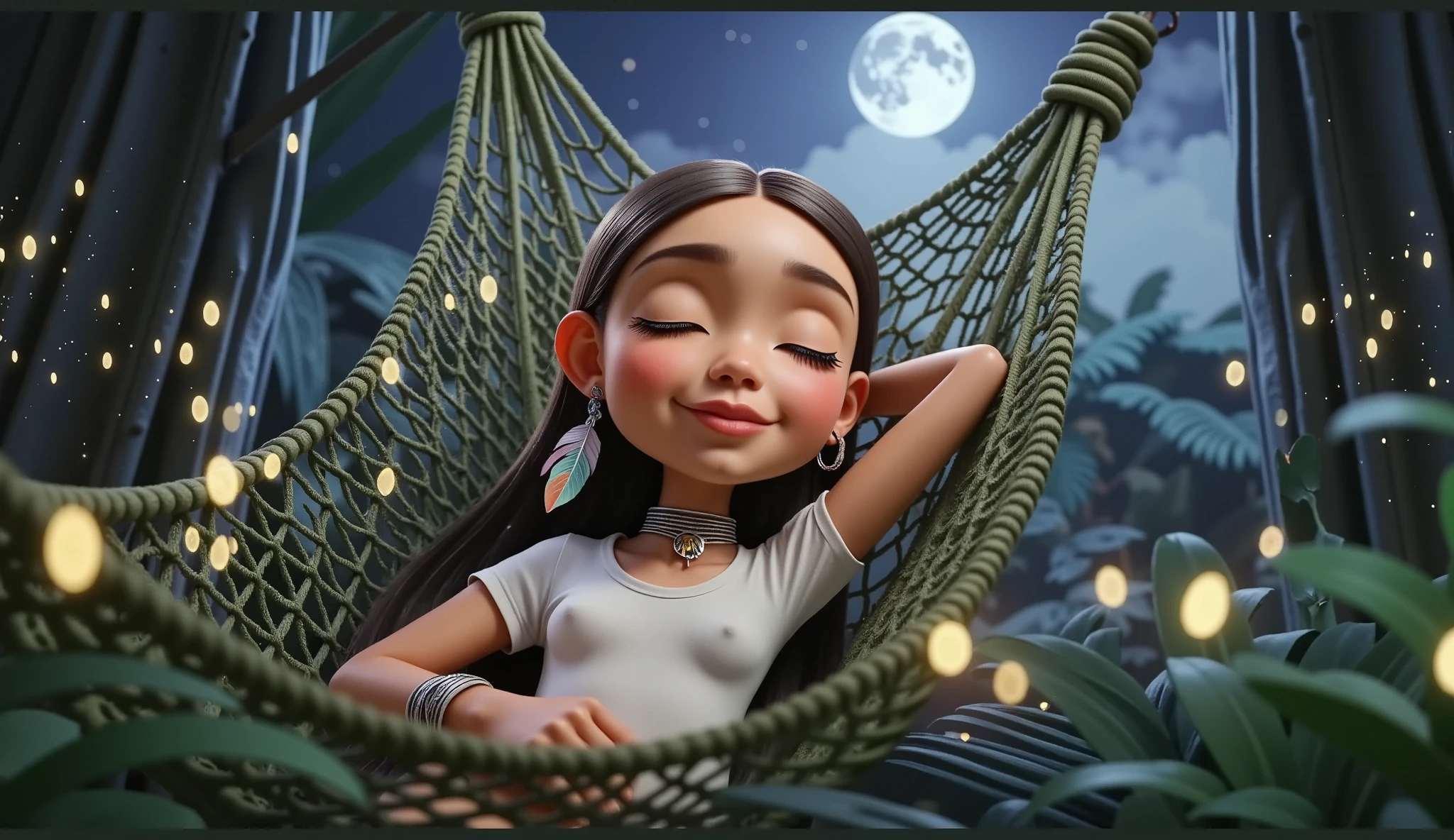 Inspired by a high-resolution, high-quality 3D film by Disney Pixar, create the image of a  Brazilian Indian girl with straight, shiny black hair. the waist light brown skin wearing a tight and basic white t-shirt without any print shaping her beautiful body lying in a hammock with her eyes closed sleeping in a rustic hammock on a porch in the middle of the Amazon rainforest surrounded by trees and plants of the region with the moonlight and the stars illuminating the environment she wears in her ear a colorful feather as an earring and carries on her face a slight smile of peace