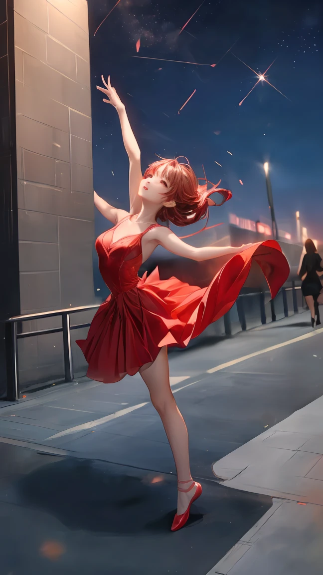 (A red-haired ballerina,) dancing in the street, soft lighting, graceful movement, contemporary ballet, urban ambience, unsaturated tone, soft texture, open framing.