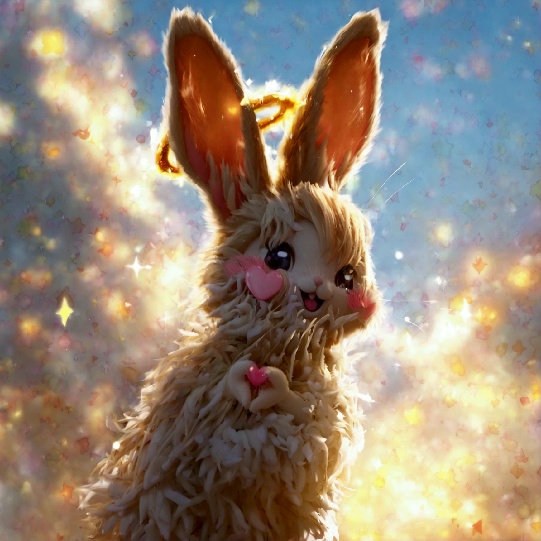 alone,rabbit,Mini,rabbit耳, No human , furry ,:3,Scream, light brown , blush sticker,Cute,Cartoon,angel halo,Angel Wings, holding heart ,Happy,fly,Sky