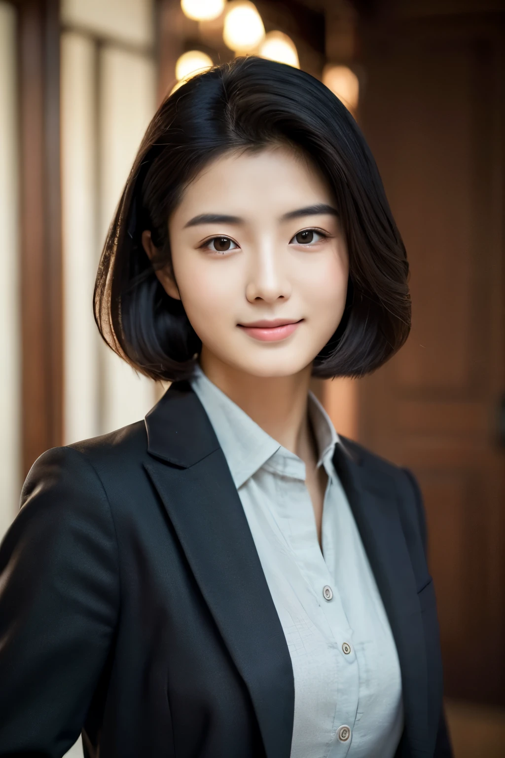  Portrait Photography ，  A handsome young Chinese man  ， 20-year-old head ， Dark brown short hair ， light beard ， Thick eyebrows ，  Deep and expressive eyes  ， nose slightly high ，  Calm and calm spirit  ，  Naturally divided Layered and well-groomed hairstyle  ，  wears a dark suit and black shirt  ， Simple and elegant style ，  The overall image is a bit like a young Liu Dewar  ，   Confident standing   ，  double pockets  ，Smile，  exudes mature confidence  ，  Typical oriental face features  ，  A concise gray gradient background accentuates facial features and three-dimensional details， taken from a flat perspective ，Shallow depth of field，  rich skin details  ， Indoor shooting  ，  Canon EOS R5 camera  ，  Kodak Eka Tar 100 fils  ，Superrealistic ，}  cinematic feel — style raw —s 400—ar 4  :3-v 6  ， women's breast D cup 