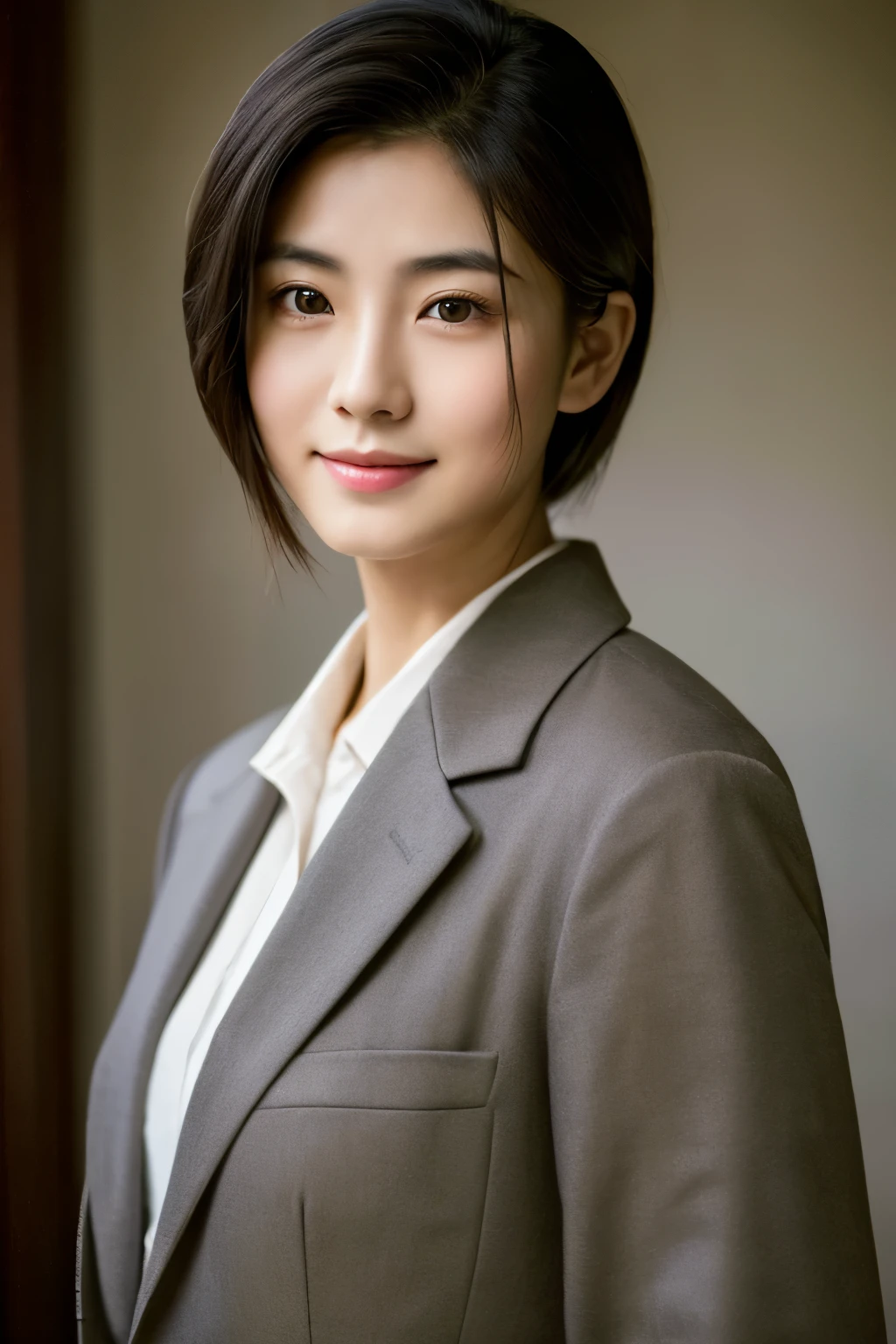  Portrait Photography ，  A handsome young Chinese man  ， 20-year-old head ， Dark brown short hair ， light beard ， Thick eyebrows ，  Deep and expressive eyes  ， nose slightly high ，  Calm and calm spirit  ，  Naturally divided Layered and well-groomed hairstyle  ，  wears a dark suit and black shirt  ， Simple and elegant style ，  The overall image is a bit like a young Liu Dewar  ，   Confident standing   ，  double pockets  ，Smile，  exudes mature confidence  ，  Typical oriental face features  ，  A concise gray gradient background accentuates facial features and three-dimensional details， taken from a flat perspective ，Shallow depth of field，  rich skin details  ， Indoor shooting  ，  Canon EOS R5 camera  ，  Kodak Eka Tar 100 fils  ，Superrealistic ，}  cinematic feel — style raw —s 400—ar 4  :3-v 6  ， women's breast D cup 