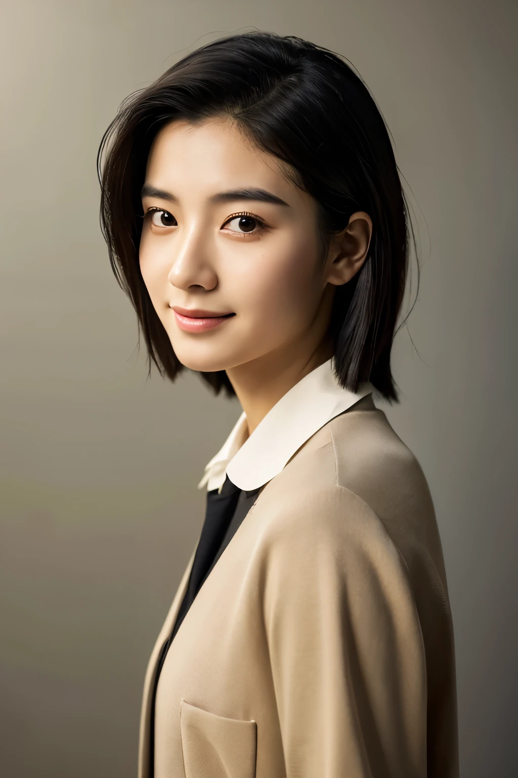  Portrait Photography ，  A handsome young Chinese man  ， 20-year-old head ， Dark brown short hair ， light beard ， Thick eyebrows ，  Deep and expressive eyes  ， nose slightly high ，  Calm and calm spirit  ，  Naturally divided Layered and well-groomed hairstyle  ，  wears a dark suit and black shirt  ， Simple and elegant style ，  The overall image is a bit like a young Liu Dewar  ，   Confident standing   ，  double pockets  ，Smile，  exudes mature confidence  ，  Typical oriental face features  ，  A concise gray gradient background accentuates facial features and three-dimensional details， taken from a flat perspective ，Shallow depth of field，  rich skin details  ， Indoor shooting  ，  Canon EOS R5 camera  ，  Kodak Eka Tar 100 fils  ，Superrealistic ，}  cinematic feel — style raw —s 400—ar 4  :3-v 6  ， women's breast D cup 