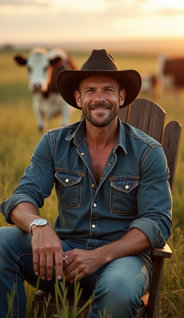 Create an image of the famous DJ Tiësto, who has farmer's clothes in the middle of the field sitting in a chair doing the work of milking a cow, a super realistic image, with good lighting and with good detail on his face.