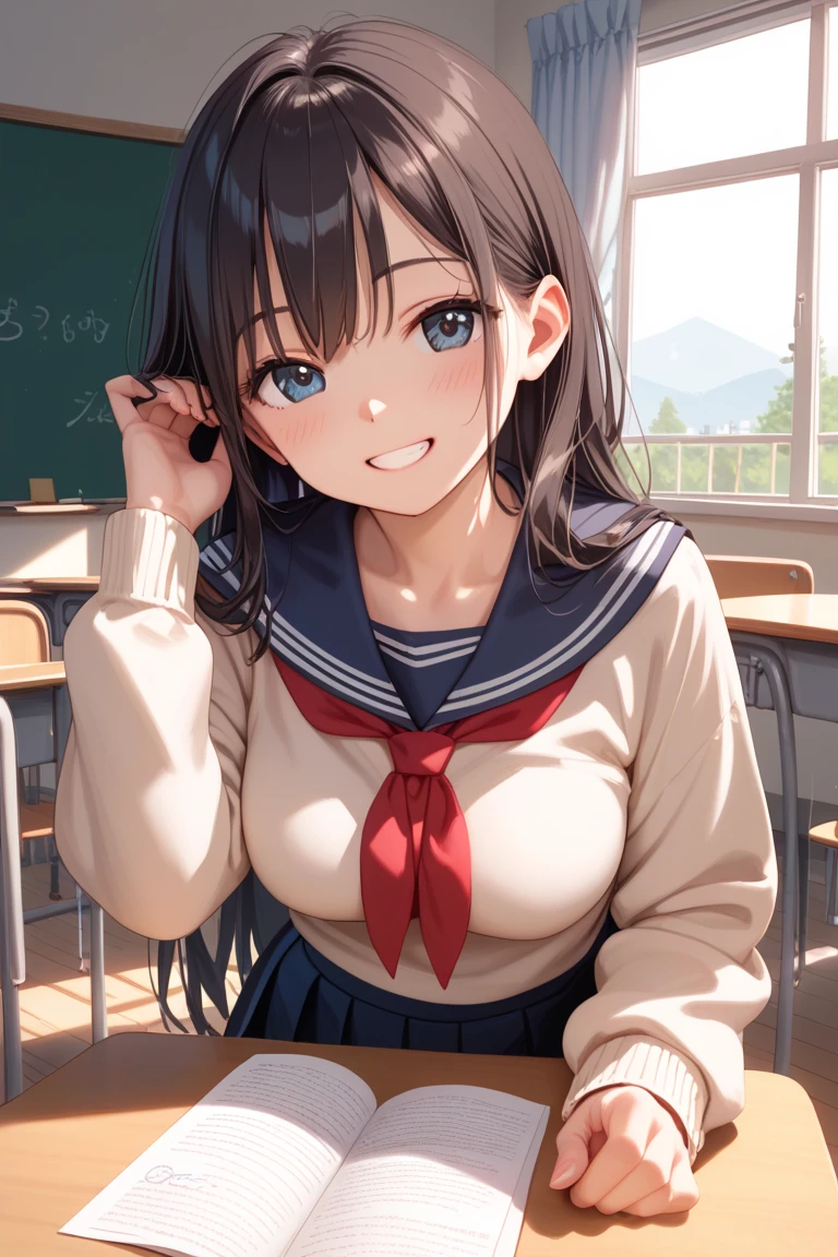 ((high quality, 8k, 4K, High Contrast, masterpiece:1.2, highest quality, Best aesthetics)),nsfw,bdsm,((shibari over clothes:1.5,hemp rope)),1 female,((beautiful and cute woman,in perspective,beautiful detailed face and eyes,gorgeous eyes)),The perfect 18 year old, Japanese、Brown Hair、Straight hair,long hair,blunt bangs,oily skin,A look of despair、tears,open mouth,drooling,small breasts, ideal ratio body proportions:1.3、、Short-sleeved sailor suit、blue neckerchief、Pleated navy blue mini skirt,vagina,Love juice、spread legs:1.5,sit on a simple chair、classroom、During class、Students sitting in chairs in the background、indoor、Japanese School、 (Intricately detailed environments), Sensual facial features: (Textures and environments、Professional photos、Perfect lighting).
