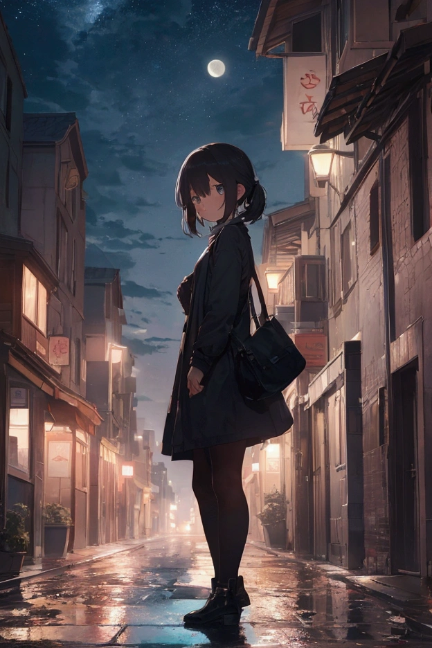 Scene: A night city , rainy and hazy .
limelight: A girl walking alone on an empty street . His eyes are looking down , with a melancholic expression .
bottom: Tall buildings with illuminated windows , reflecting the loneliness of the character .
details :
A puddle on the ground , where a fragment of the moon is reflected .
An umbrella abandoned on the sidewalk , symbolizing the lost protection .
Shadows of trees , projecting
on the walls , suggesting the passage of time and the changing seasons .
Small blurry stars in the sky , hidden by clouds , depicting lost dreams and faded hopes .
COLORS: Cold and dark tones to convey sadness and loneliness , with some touches of blue to represent rain and night .
atmosphere: A feeling of melancholy and nostalgia , with a faint air of hope for the future .
concept: The drawing would capture the feeling of being lost and alone after a breakup, seeking to find a new path while dealing with the pain of the past . The city, like a labyrinth, would symbolize the emotional confusion of the character .
stands out. Additional elements :
A blurred figure could be included in the distance , representing the former couple .