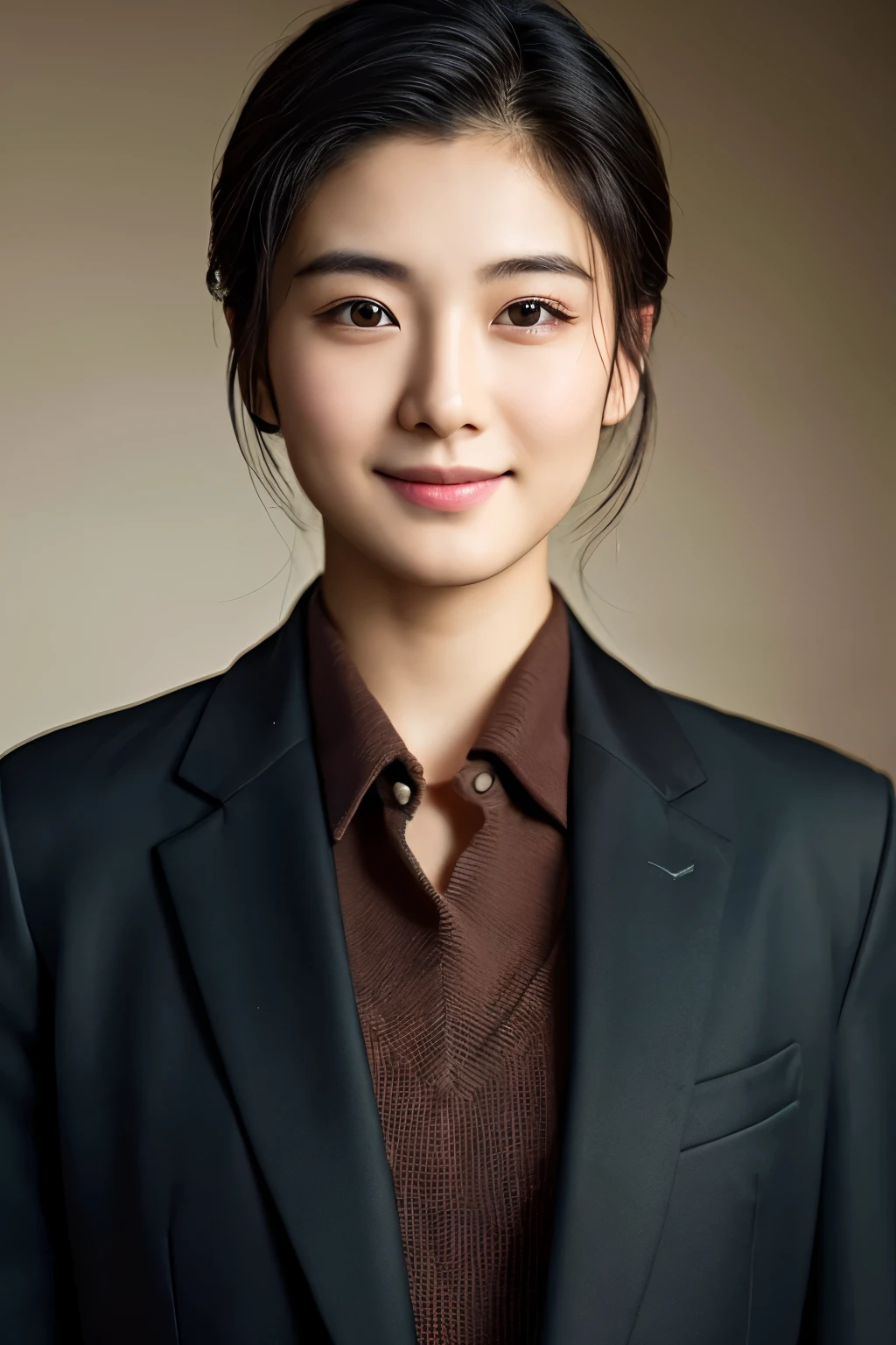  Portrait Photography ，  A handsome young Chinese man  ， 20-year-old head ， Dark brown short hair ， light beard ， Thick eyebrows ，  Deep and expressive eyes  ， nose slightly high ，  Calm and calm spirit  ，  Naturally divided Layered and well-groomed hairstyle  ，  wears a dark suit and black shirt  ， Simple and elegant style ，  The overall image is a bit like a young Liu Dewar  ，   Confident standing   ，  double pockets  ，Smile，  exudes mature confidence  ，  Typical oriental face features  ，  A concise gray gradient background accentuates facial features and three-dimensional details， taken from a flat perspective ，Shallow depth of field，  rich skin details  ， Indoor shooting  ，  Canon EOS R5 camera  ，  Kodak Eka Tar 100 fils  ，Superrealistic ，}  cinematic feel — style raw —s 400—ar 4  :3-v 6  ， women's breast D cup 