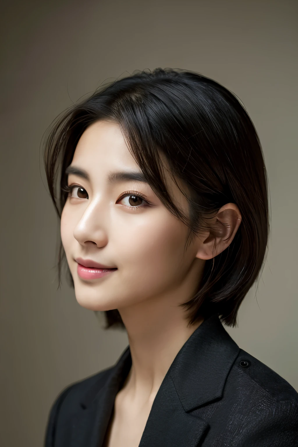  Portrait Photography ，  A handsome young Chinese man  ， 20-year-old head ， Dark brown short hair ， light beard ， Thick eyebrows ，  Deep and expressive eyes  ， nose slightly high ，  Calm and calm spirit  ，  Naturally divided Layered and well-groomed hairstyle  ，  wears a dark suit and black shirt  ， Simple and elegant style ，  The overall image is a bit like a young Liu Dewar  ，   Confident standing   ，  double pockets  ，Smile，  exudes mature confidence  ，  Typical oriental face features  ，  A concise gray gradient background accentuates facial features and three-dimensional details， taken from a flat perspective ，Shallow depth of field，  rich skin details  ， Indoor shooting  ，  Canon EOS R5 camera  ，  Kodak Eka Tar 100 fils  ，Superrealistic ，}  cinematic feel — style raw —s 400—ar 4  :3-v 6  ， women's breast D cup 