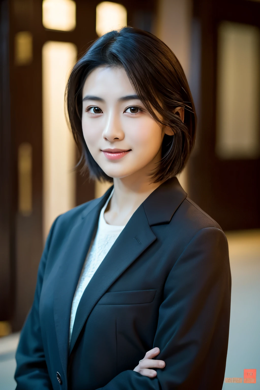  Portrait Photography ，  A handsome young Chinese man  ， 20-year-old head ， Dark brown short hair ， light beard ， Thick eyebrows ，  Deep and expressive eyes  ， nose slightly high ，  Calm and calm spirit  ，  Naturally divided Layered and well-groomed hairstyle  ，  wears a dark suit and black shirt  ， Simple and elegant style ，  The overall image is a bit like a young Liu Dewar  ，   Confident standing   ，  double pockets  ，Smile，  exudes mature confidence  ，  Typical oriental face features  ，  A concise gray gradient background accentuates facial features and three-dimensional details， taken from a flat perspective ，Shallow depth of field，  rich skin details  ， Indoor shooting  ，  Canon EOS R5 camera  ，  Kodak Eka Tar 100 fils  ，Superrealistic ，}  cinematic feel — style raw —s 400—ar 4  :3-v 6  ， women's breast D cup 