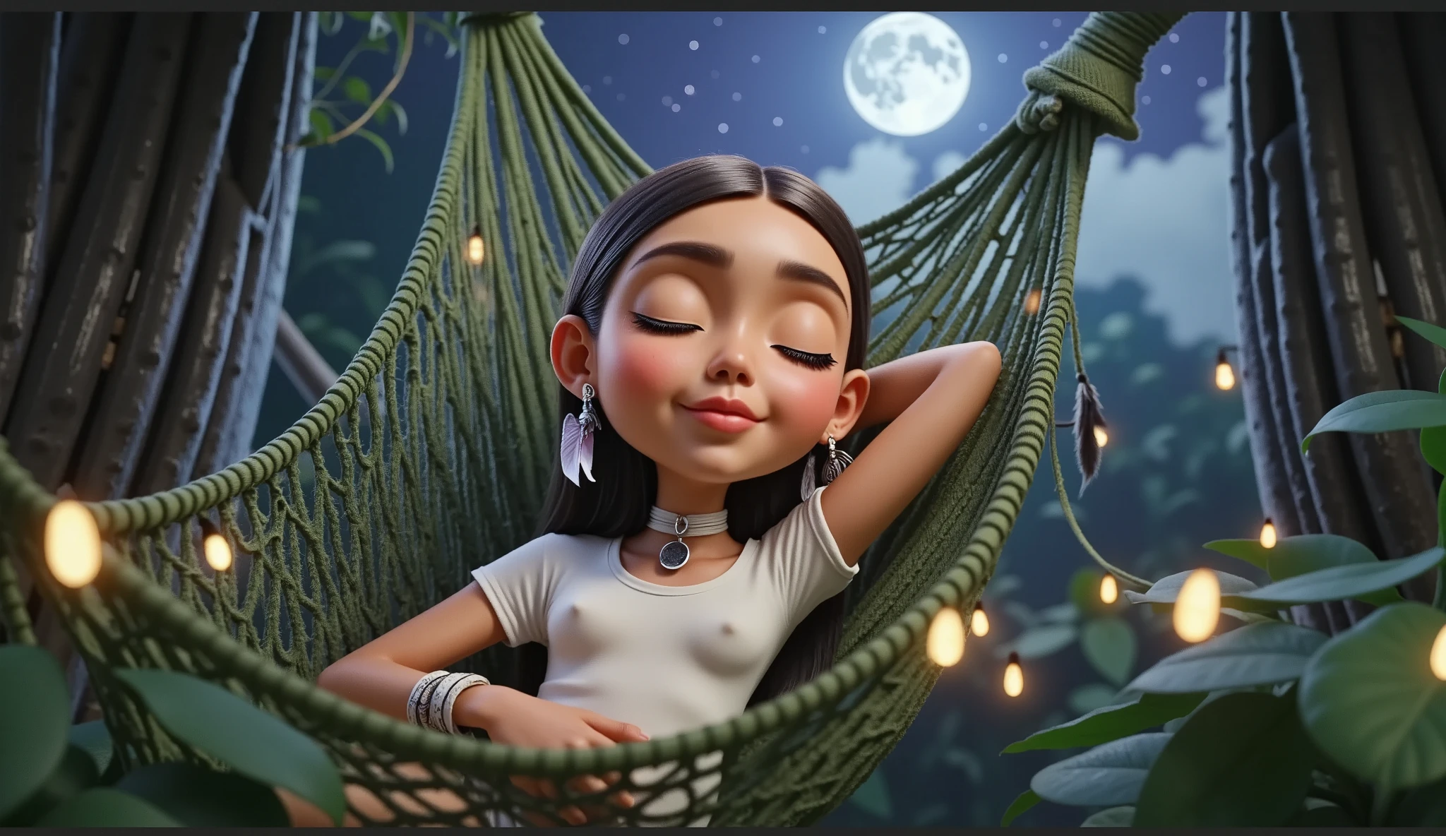 Inspired by a high-resolution, high-quality 3D film by Disney Pixar, create the image of a  Brazilian Indian girl with straight, shiny black hair. the waist light brown skin wearing a tight and basic white t-shirt without any print shaping her beautiful body lying in a hammock with her eyes closed sleeping in a rustic hammock on a porch in the middle of the Amazon rainforest surrounded by trees and plants of the region with the moonlight and the stars illuminating the environment she wears in her ear a colorful feather as an earring and carries on her face a slight smile of peace