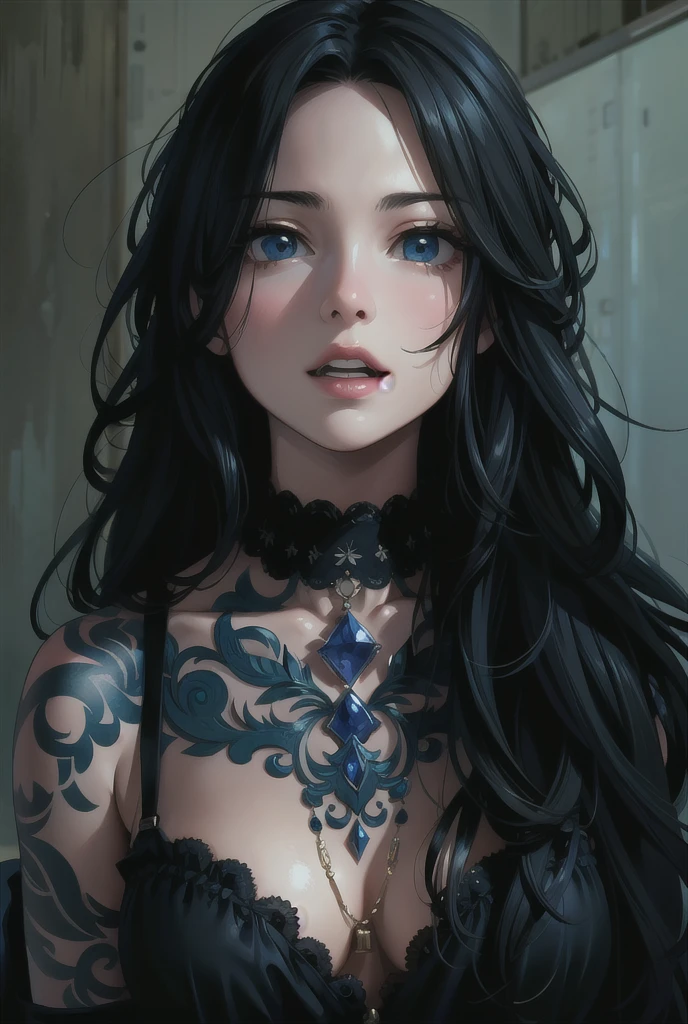(best quality, masterpiece, detailed, 8K) An anime-style masterpiece portrays a regal (woman clad in black lace1.5). Her flowing obsidian hair frames her emotive eyes as she casts a penetrating gaze. The (intricate black lace1.6) of her outfit enhances her elegance, contrasted beautifully with her porcelain skin. The backdrop features a tranquil cityscape under a star-studded sky, highlighting the mesmerizing pull of this enigmatic figure. Rendered in a captivating anime style1.4 that emphasizes the harmonious coexistence of elegance and mysteriousness.